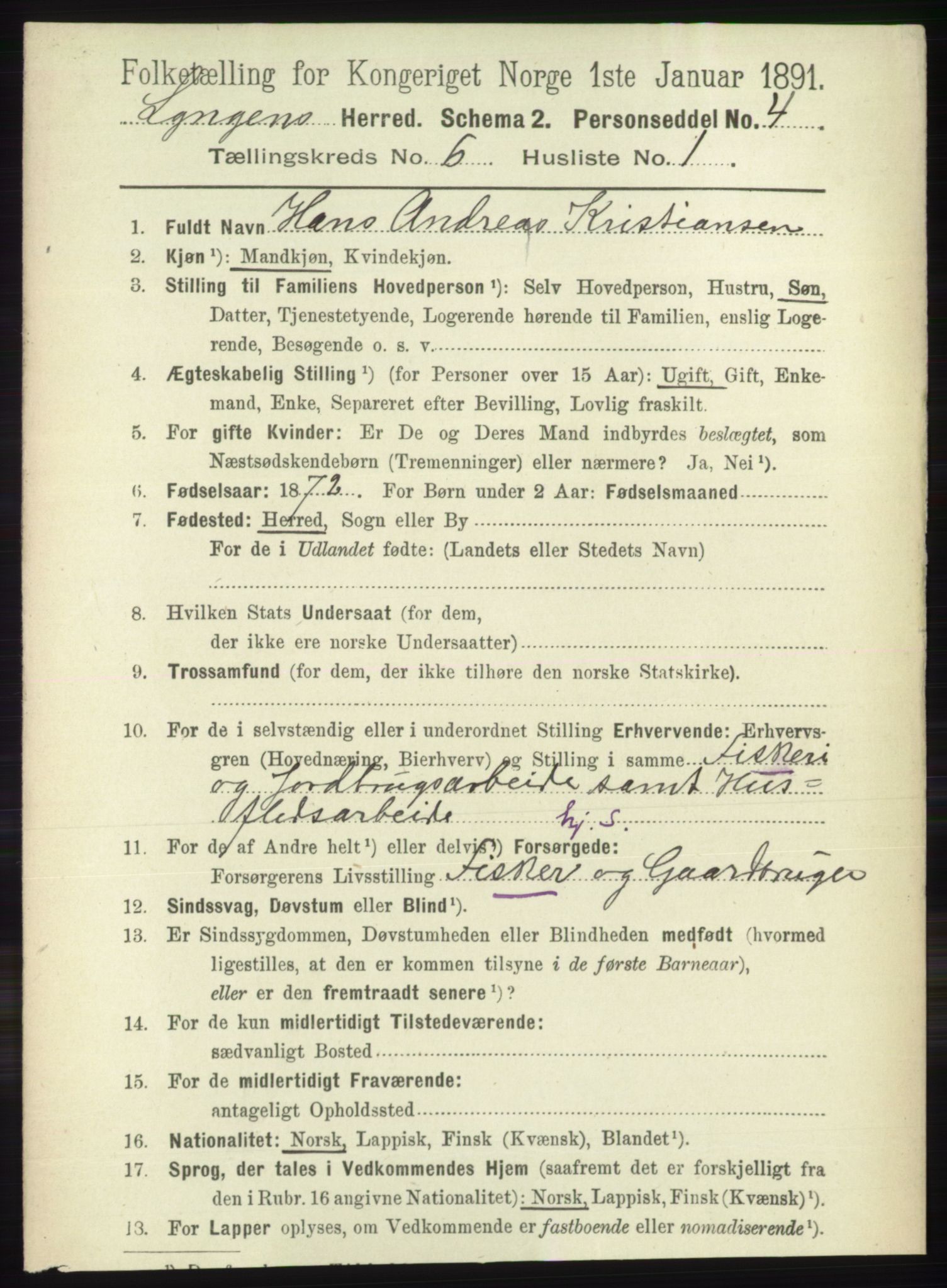 RA, 1891 census for 1938 Lyngen, 1891, p. 5232