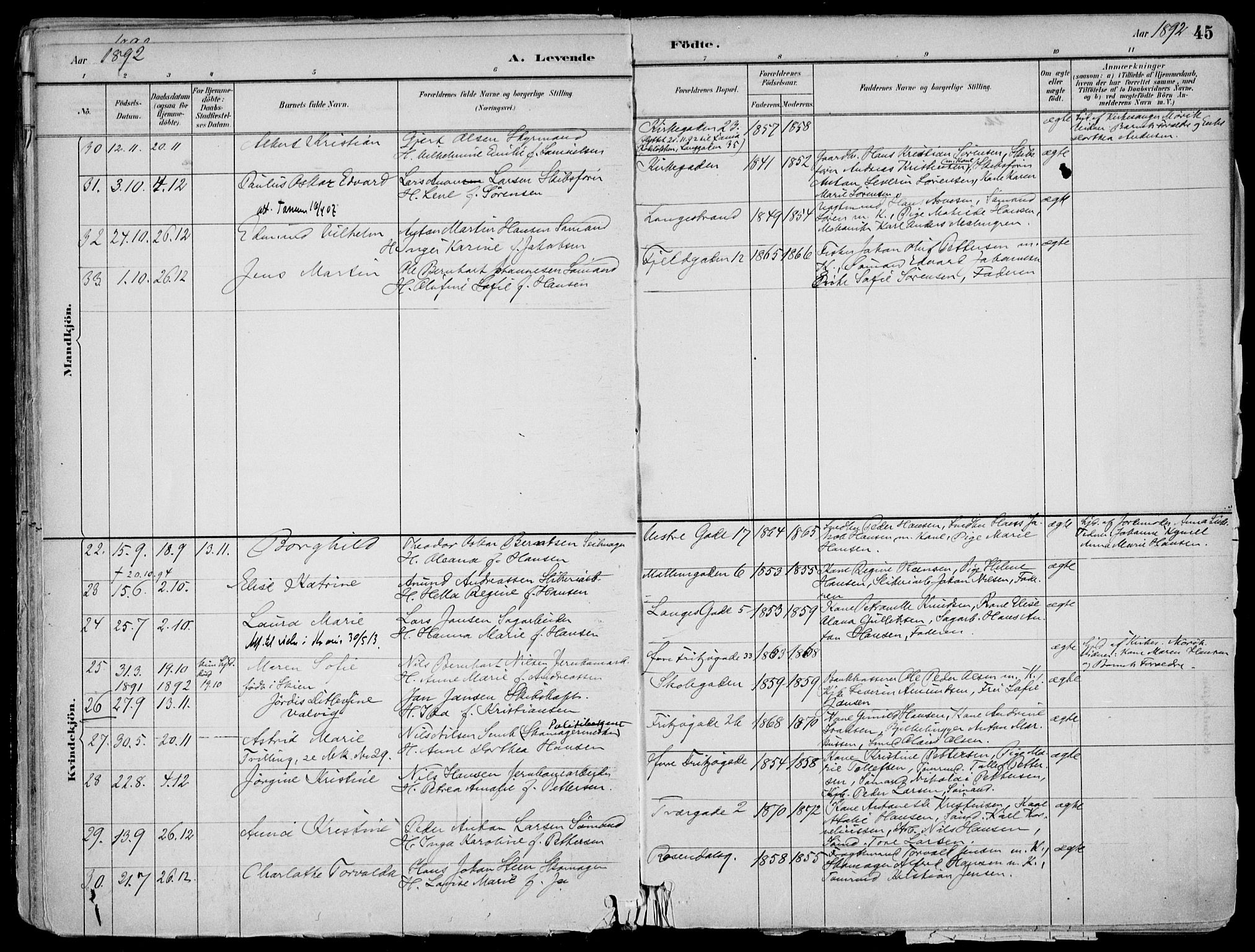 Larvik kirkebøker, AV/SAKO-A-352/F/Fb/L0004: Parish register (official) no. II 4, 1884-1902, p. 45