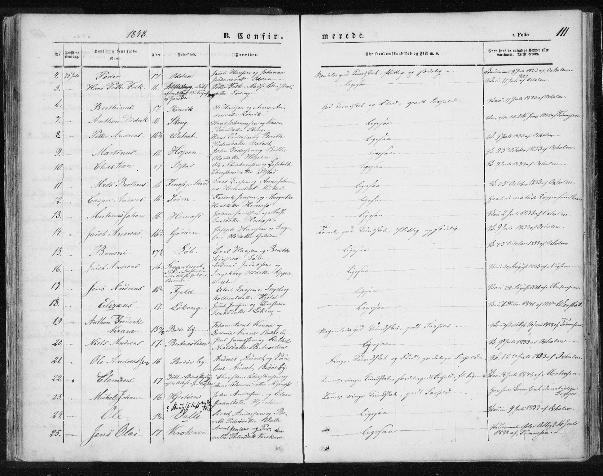 Ministerialprotokoller, klokkerbøker og fødselsregistre - Nordland, SAT/A-1459/801/L0007: Parish register (official) no. 801A07, 1845-1863, p. 111