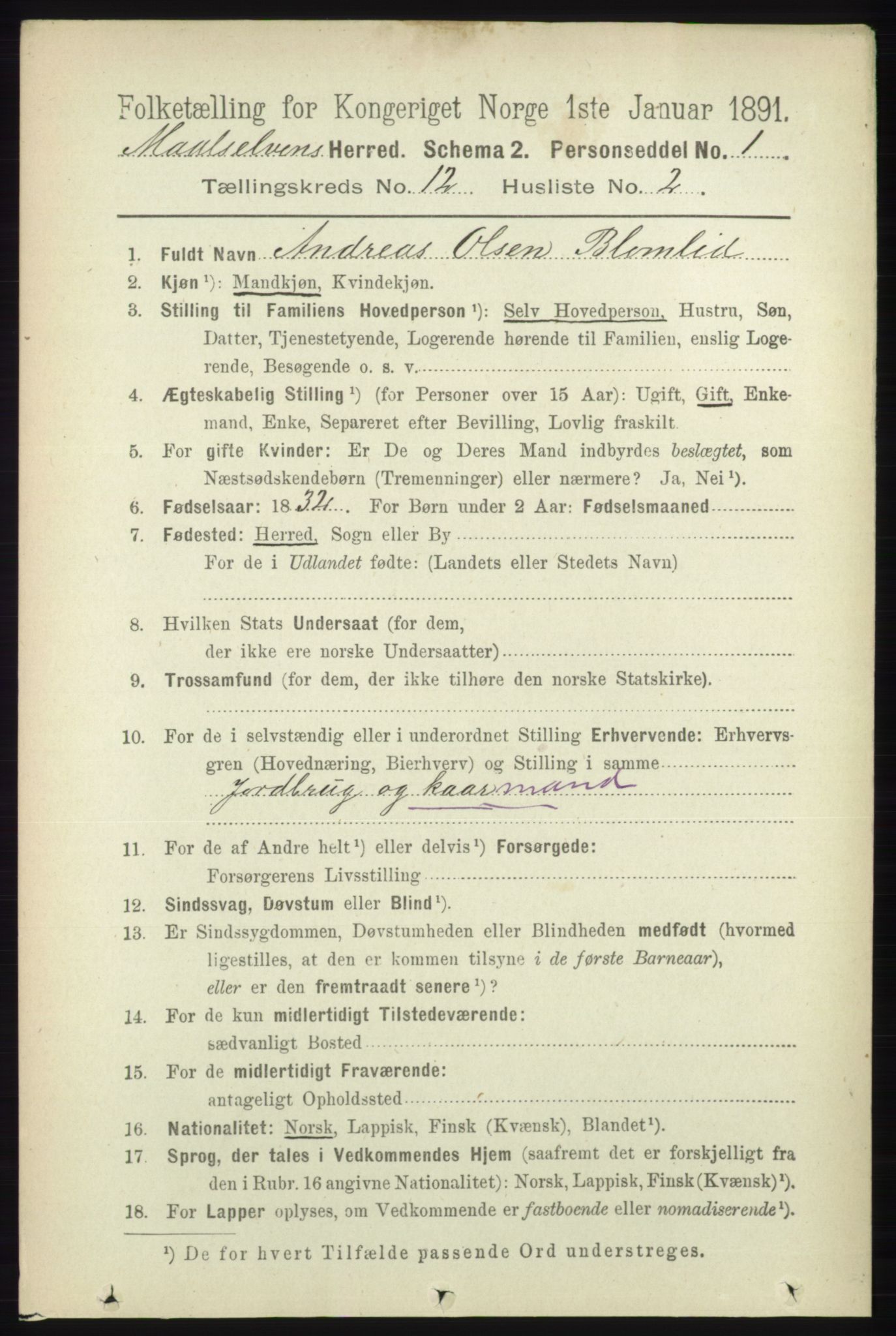 RA, 1891 census for 1924 Målselv, 1891, p. 3800