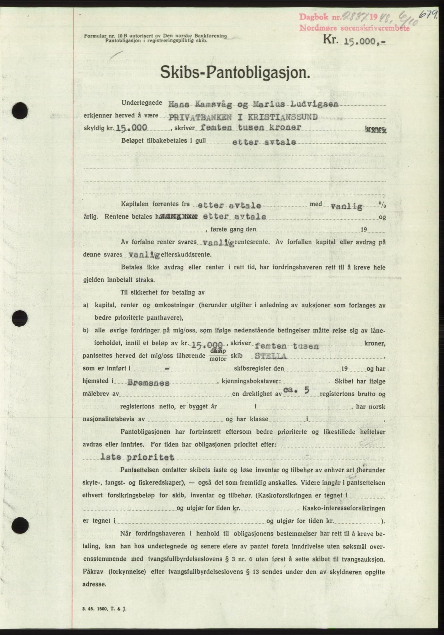 Nordmøre sorenskriveri, AV/SAT-A-4132/1/2/2Ca: Mortgage book no. B99, 1948-1948, Diary no: : 2837/1948