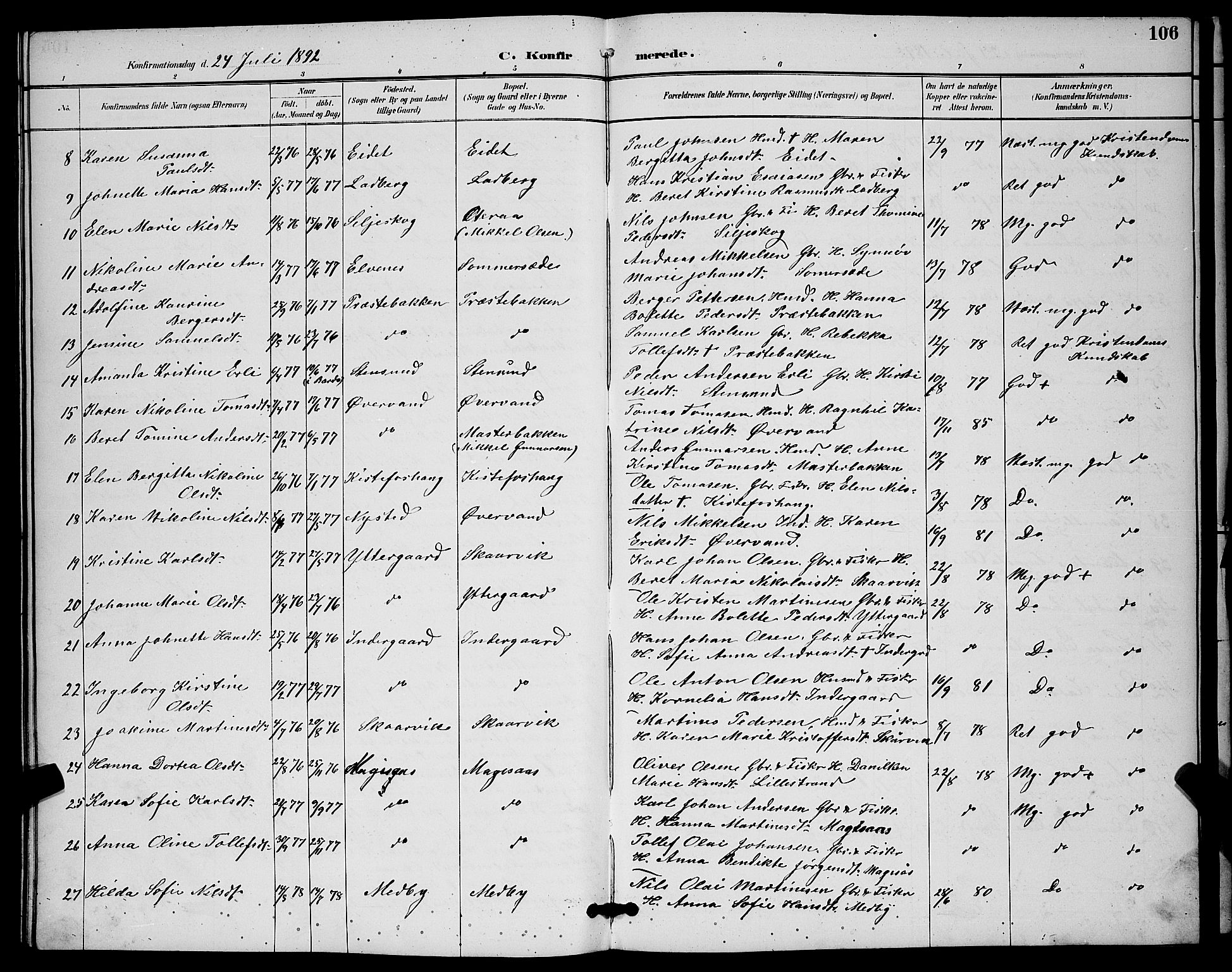 Ibestad sokneprestembete, AV/SATØ-S-0077/H/Ha/Hab/L0015klokker: Parish register (copy) no. 15, 1888-1899, p. 106