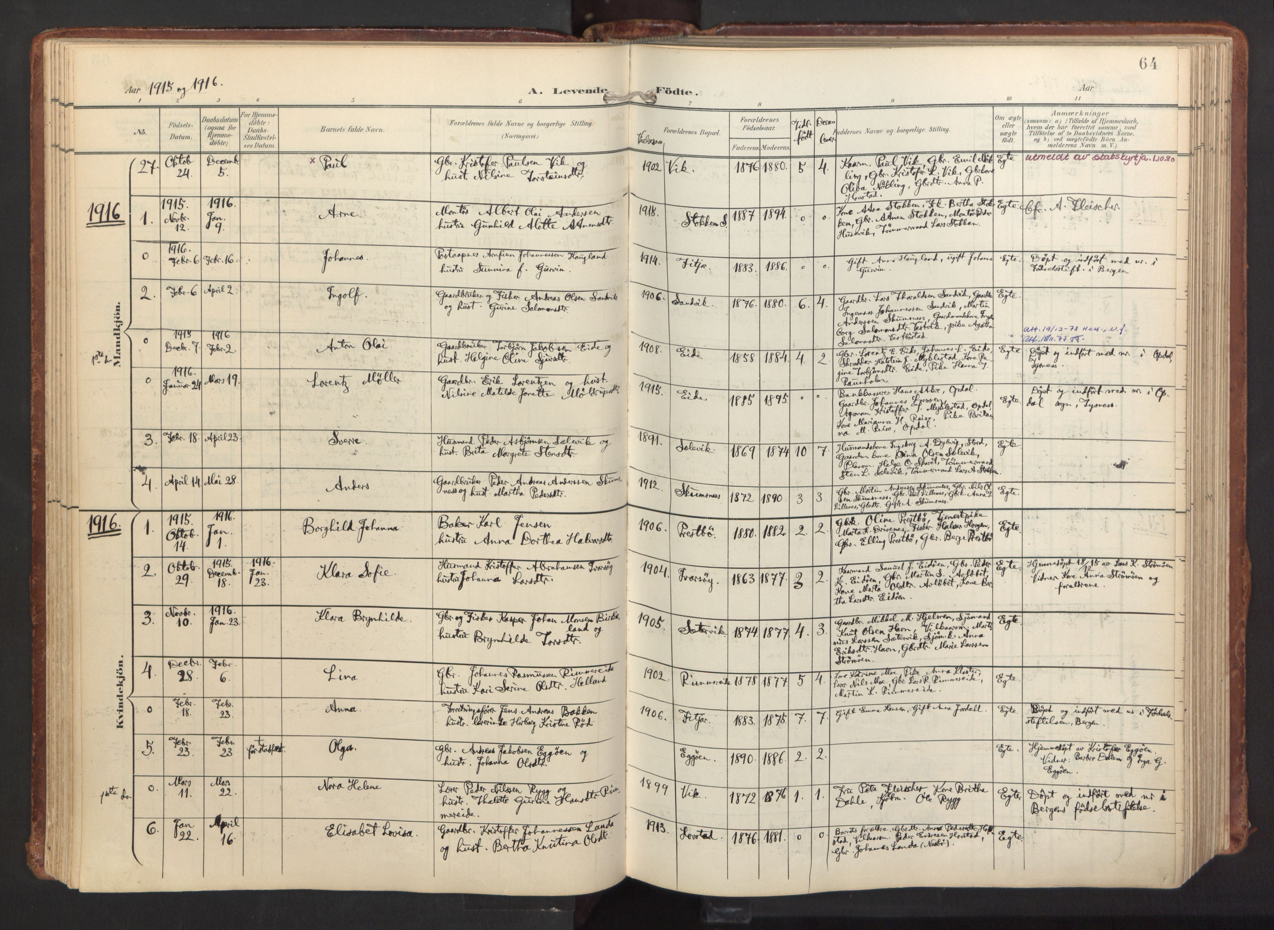 Fitjar sokneprestembete, SAB/A-99926: Parish register (official) no. A 3, 1900-1918, p. 64