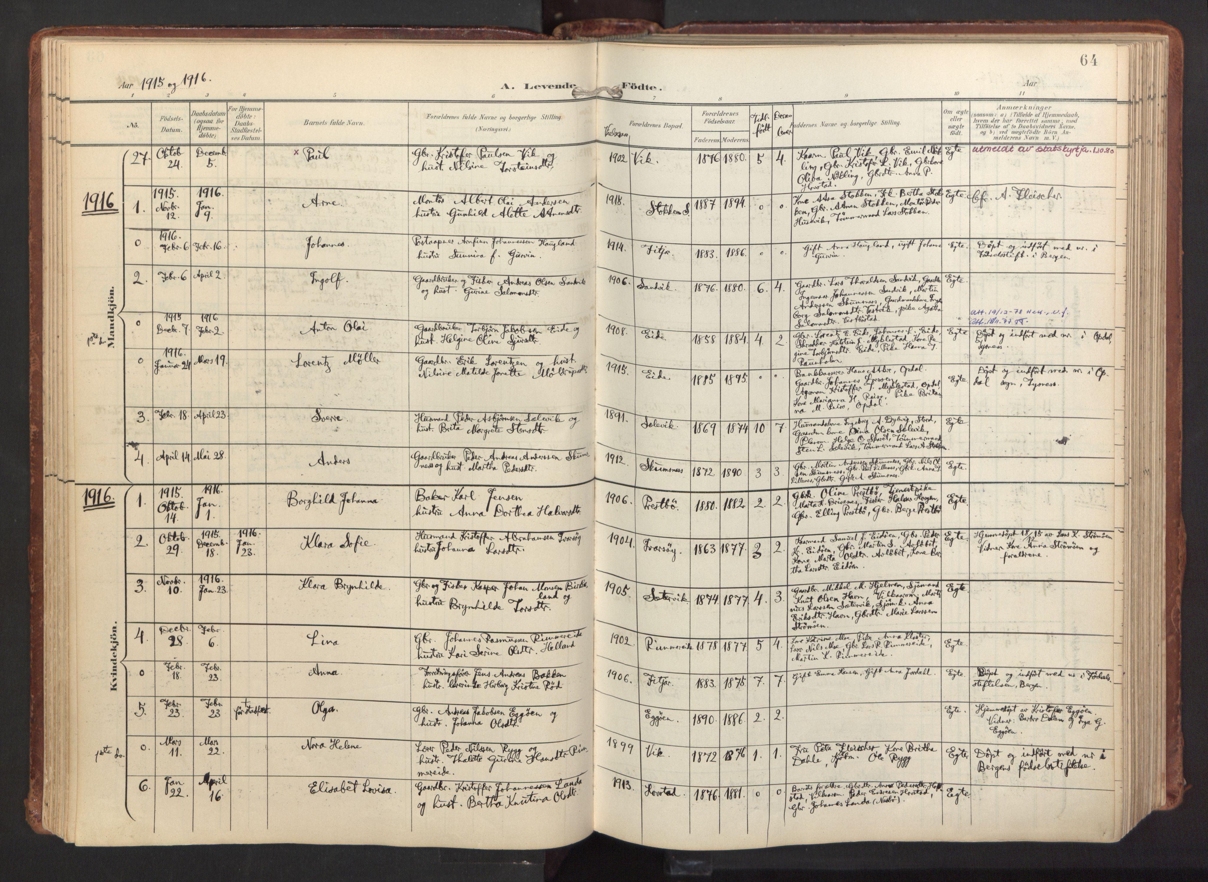 Fitjar sokneprestembete, AV/SAB-A-99926: Parish register (official) no. A 3, 1900-1918, p. 64