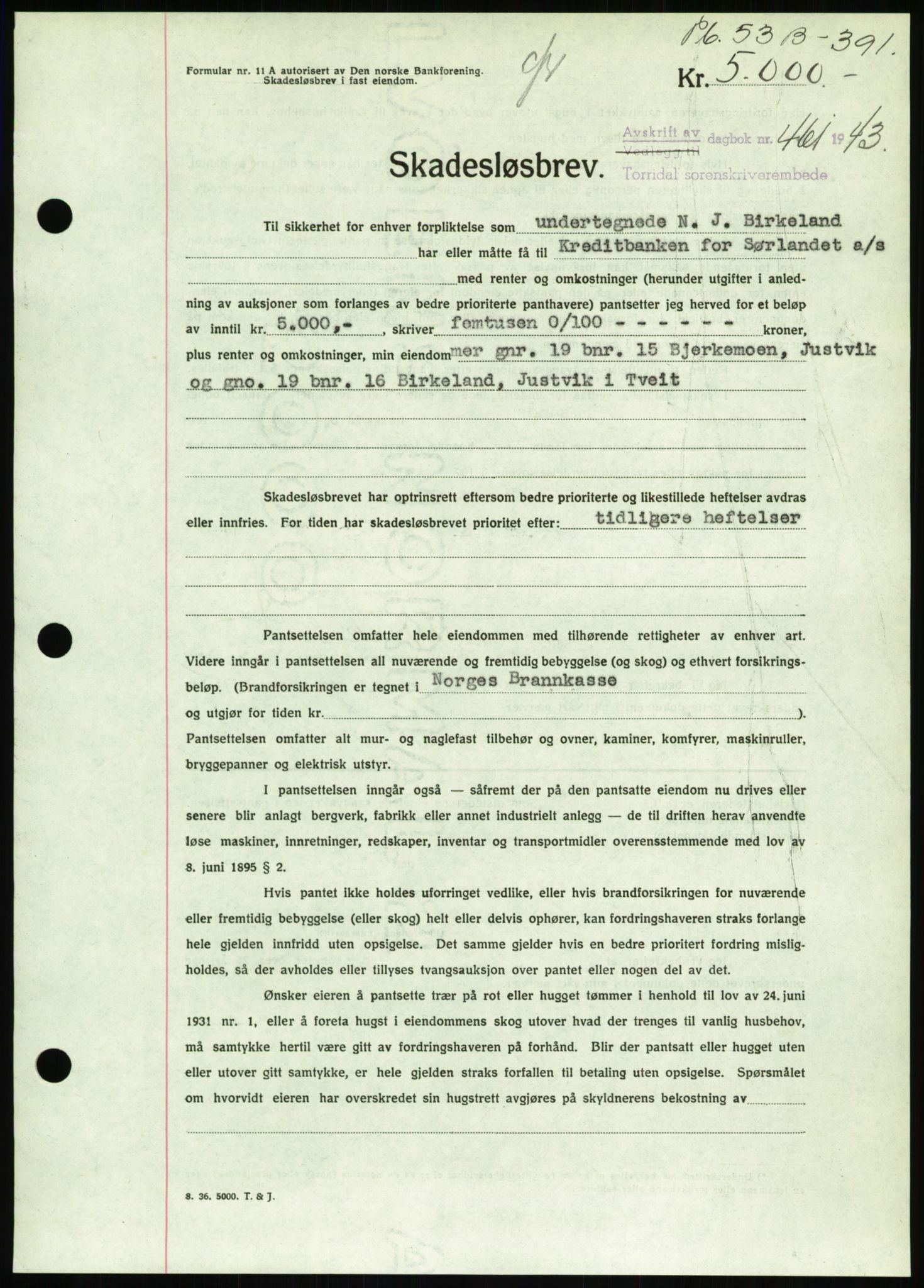 Torridal sorenskriveri, AV/SAK-1221-0012/G/Gb/Gbb/L0009: Mortgage book no. 53b, 1942-1943, Diary no: : 461/1943