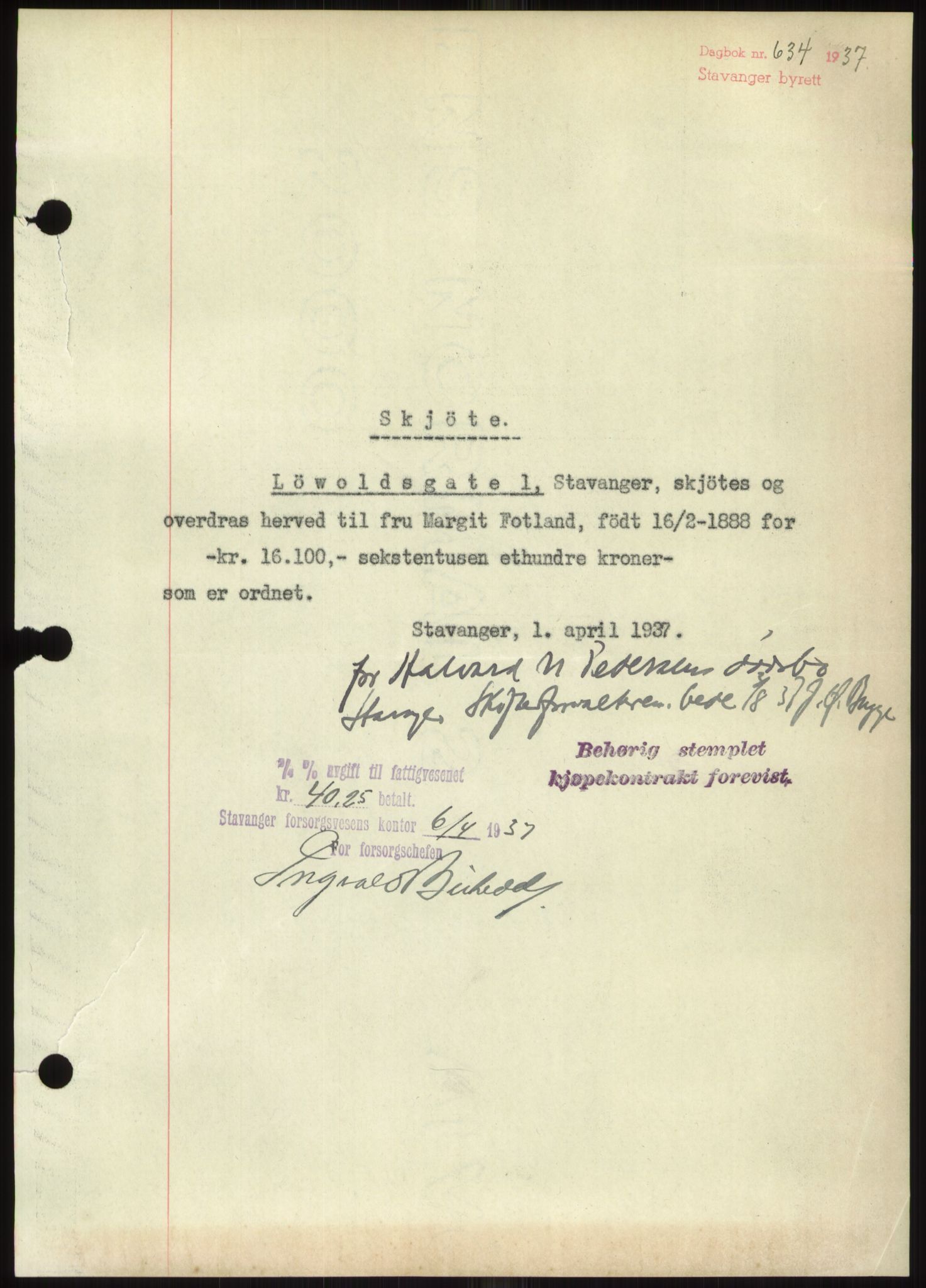 Stavanger byrett, SAST/A-100455/002/G/Gb/L0033: Mortgage book, 1936-1950, Diary no: : 634/1937