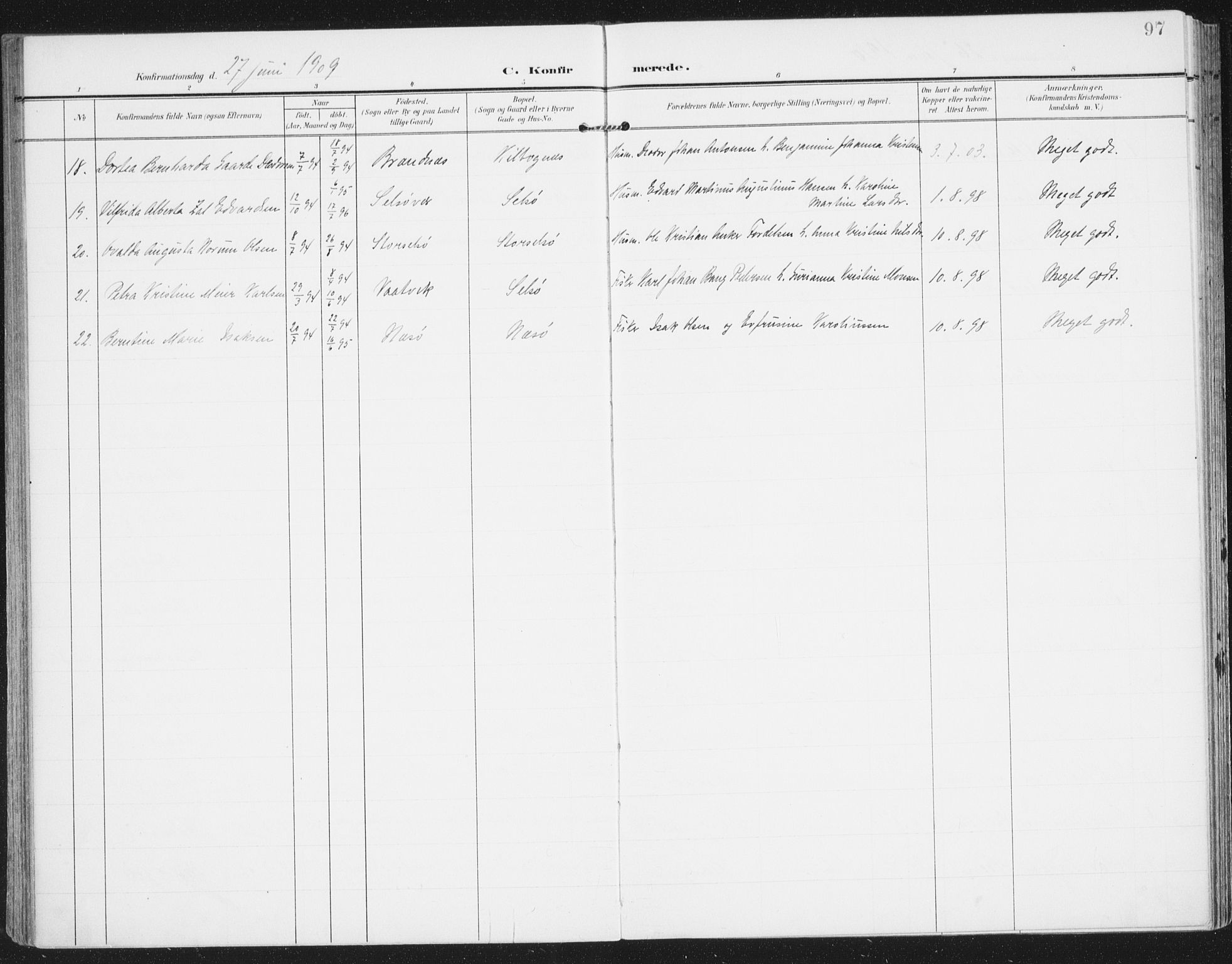 Ministerialprotokoller, klokkerbøker og fødselsregistre - Nordland, AV/SAT-A-1459/841/L0612: Parish register (official) no. 841A15, 1902-1910, p. 97