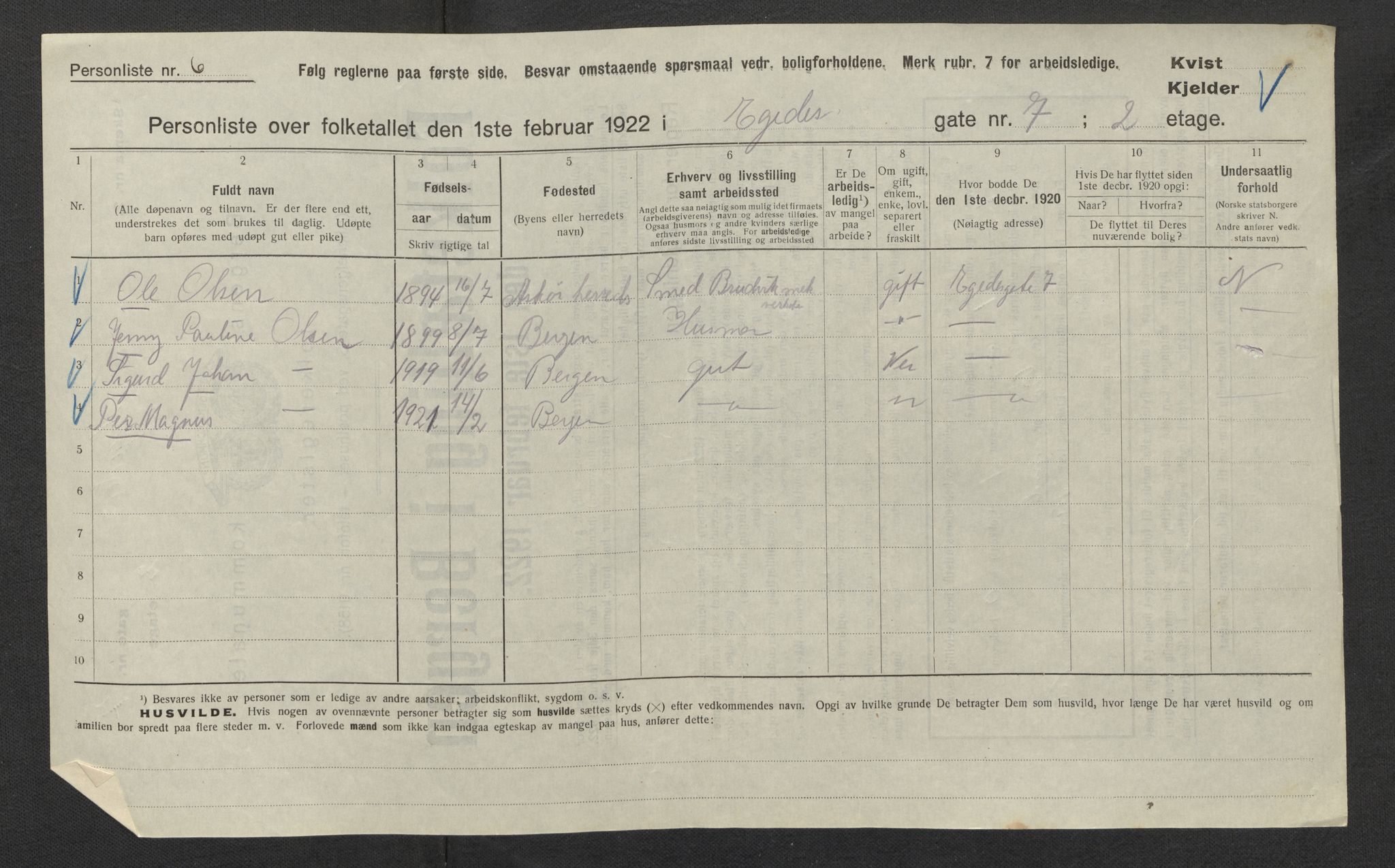 SAB, Municipal Census 1922 for Bergen, 1922, p. 6502