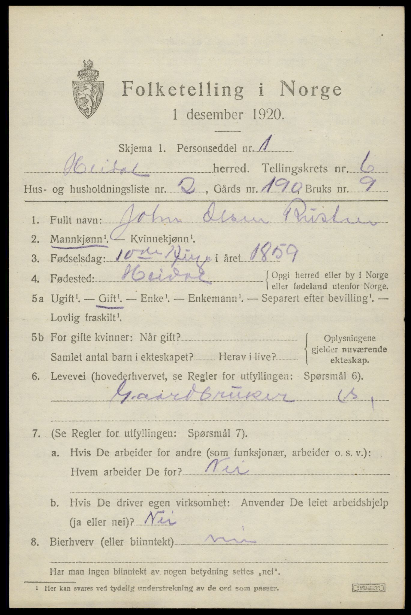 SAH, 1920 census for Heidal, 1920, p. 2794