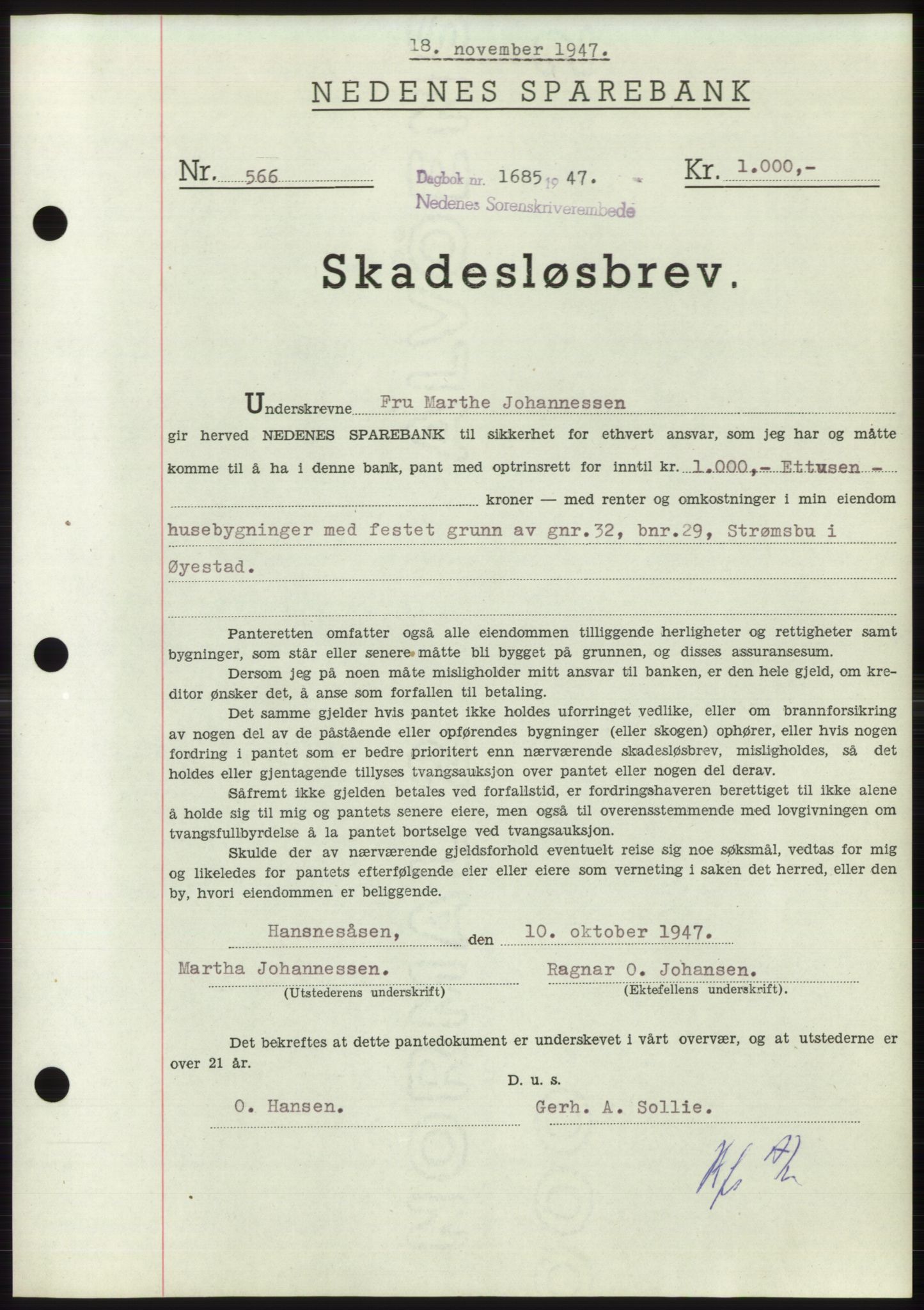 Nedenes sorenskriveri, AV/SAK-1221-0006/G/Gb/Gbb/L0004: Mortgage book no. B4, 1947-1947, Diary no: : 1685/1947