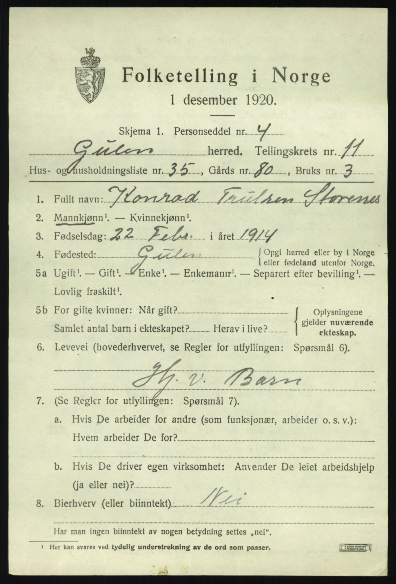 SAB, 1920 census for Gulen, 1920, p. 5397