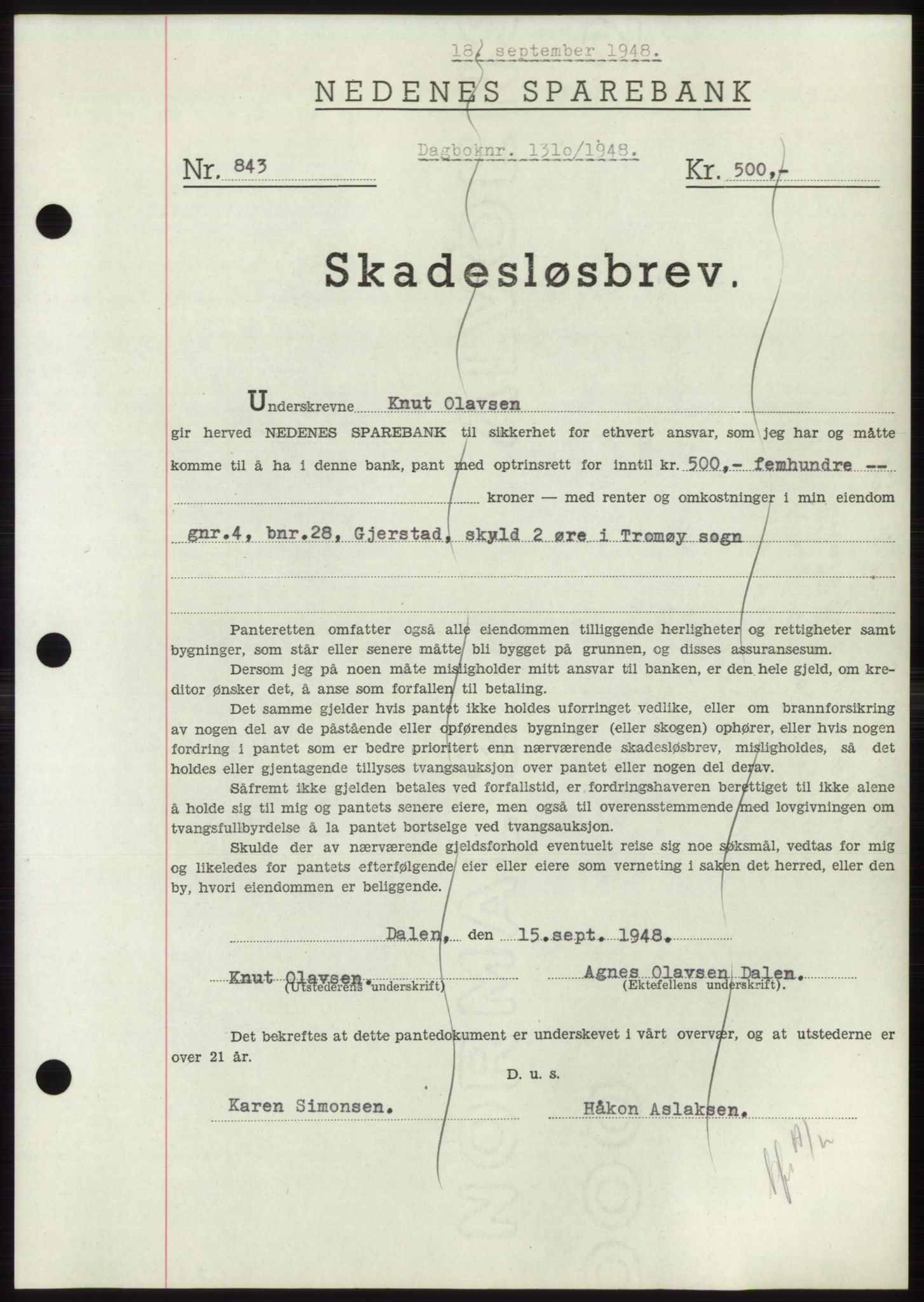 Nedenes sorenskriveri, AV/SAK-1221-0006/G/Gb/Gbb/L0005: Mortgage book no. B5, 1948-1948, Diary no: : 1310/1948