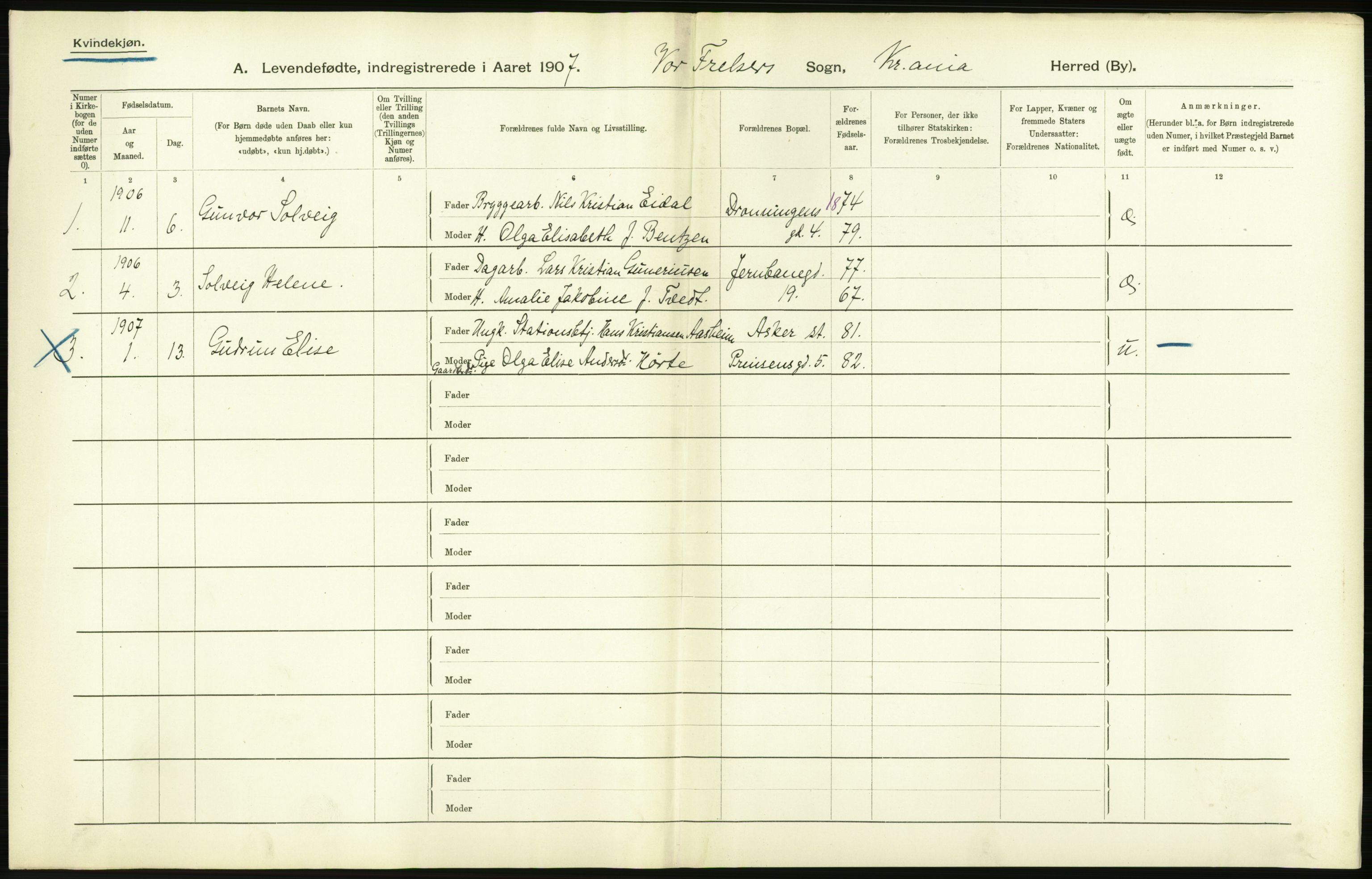 Statistisk sentralbyrå, Sosiodemografiske emner, Befolkning, AV/RA-S-2228/D/Df/Dfa/Dfae/L0006: Kristiania: Levendefødte menn og kvinner., 1907, p. 44