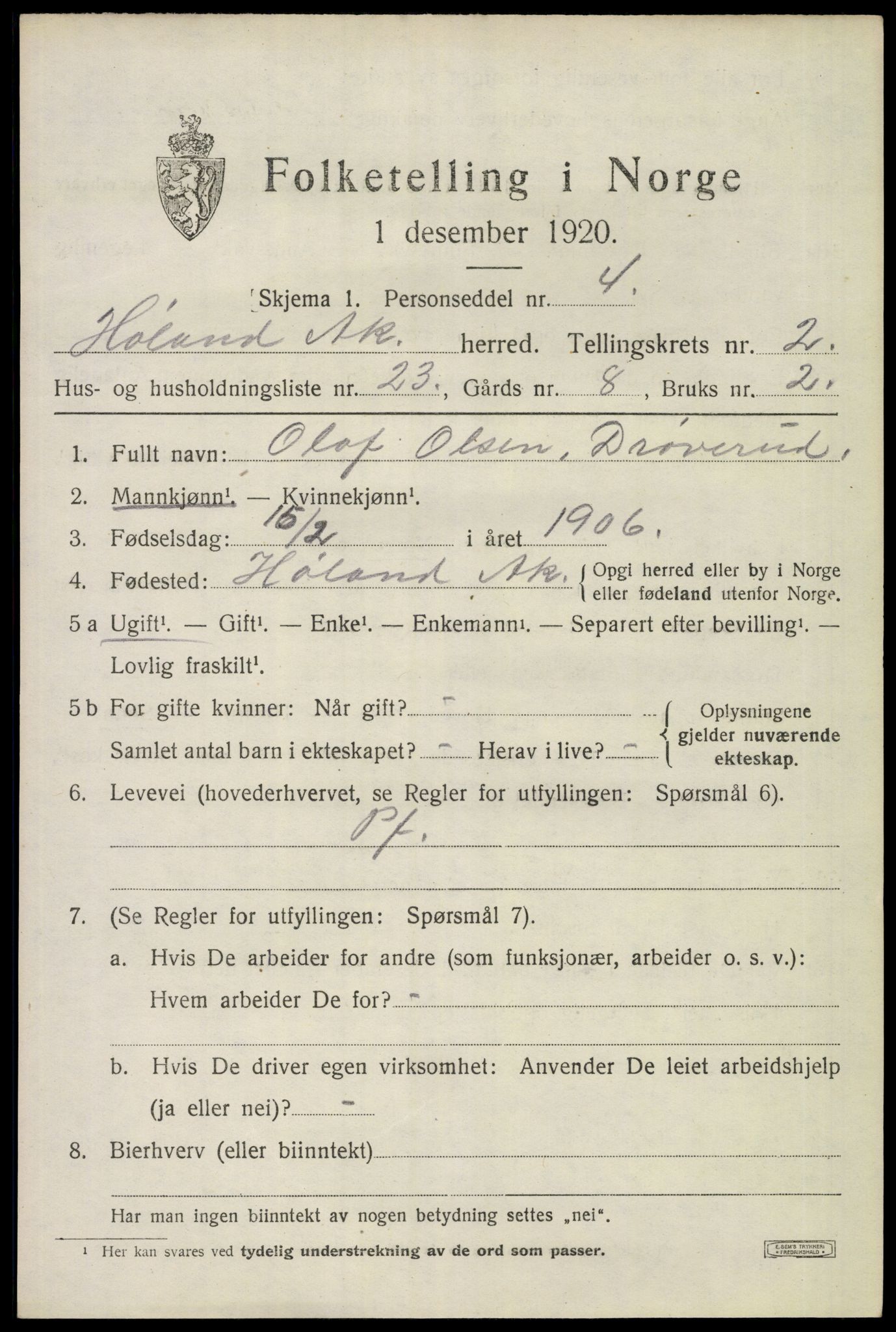 SAO, 1920 census for Høland, 1920, p. 4255