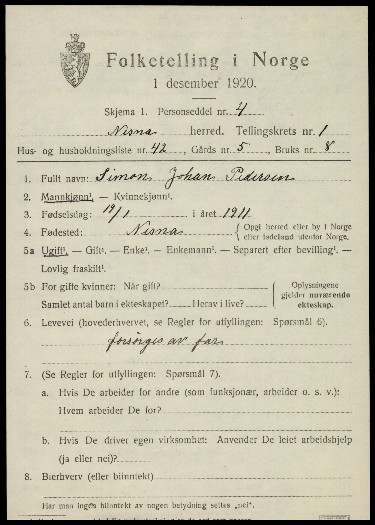 SAT, 1920 census for Nesna, 1920, p. 1721