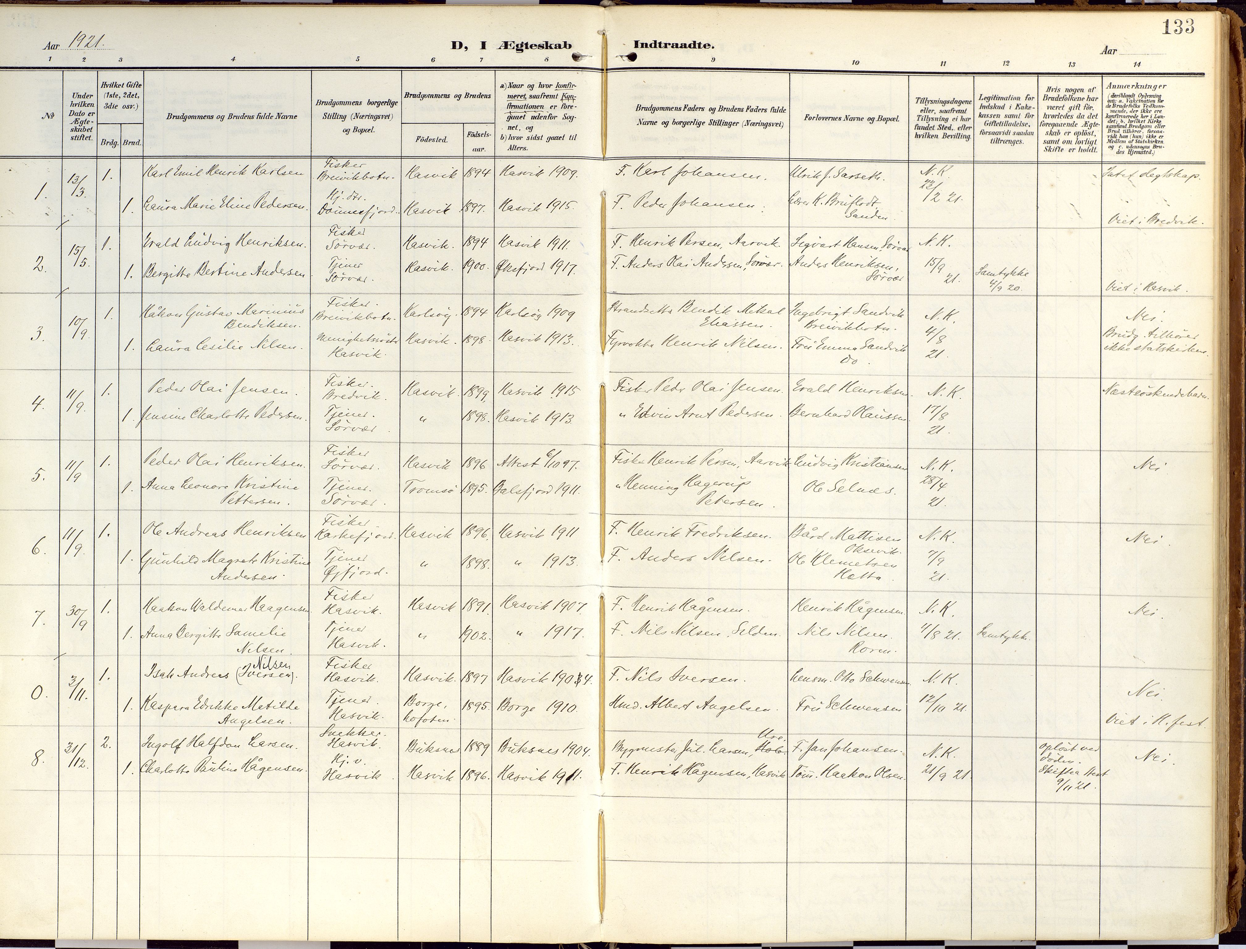 Loppa sokneprestkontor, SATØ/S-1339/H/Ha/L0010kirke: Parish register (official) no. 10, 1907-1922, p. 133