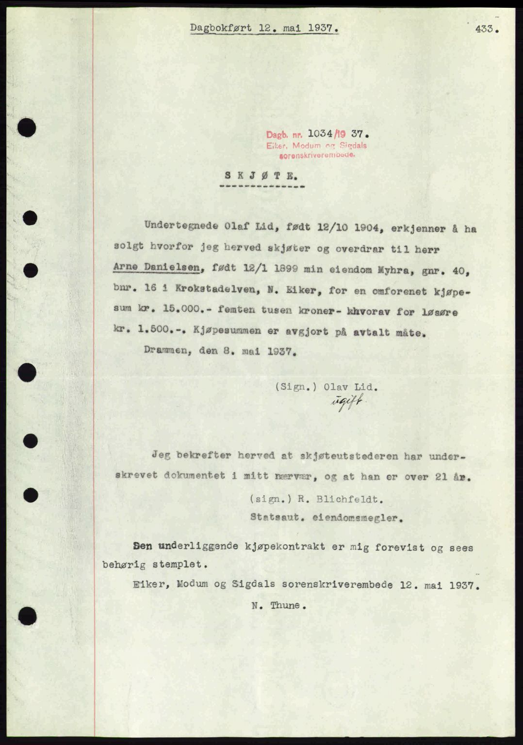 Eiker, Modum og Sigdal sorenskriveri, SAKO/A-123/G/Ga/Gab/L0035: Mortgage book no. A5, 1937-1937, Diary no: : 1034/1937