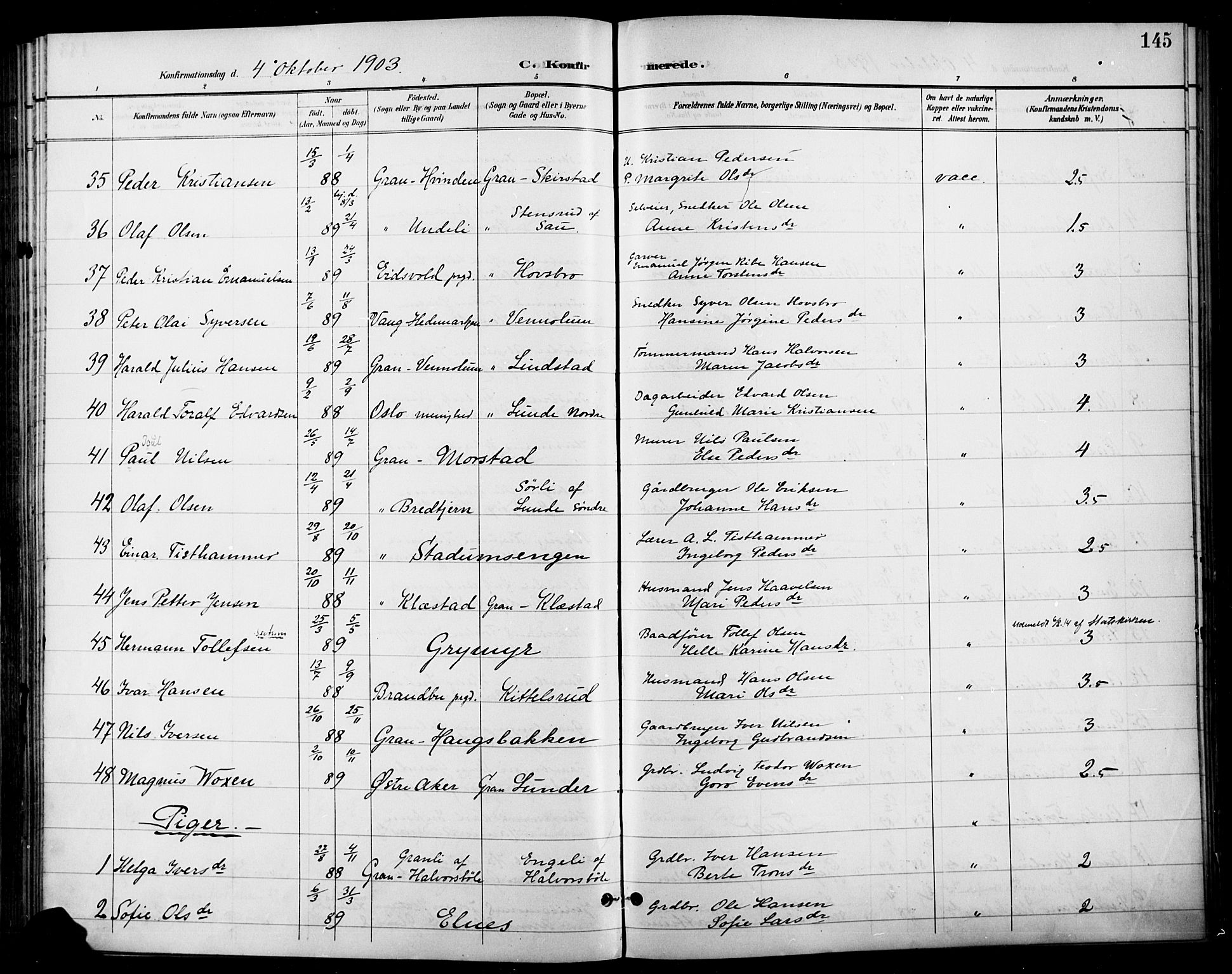 Gran prestekontor, AV/SAH-PREST-112/H/Ha/Haa/L0019: Parish register (official) no. 19, 1898-1907, p. 145