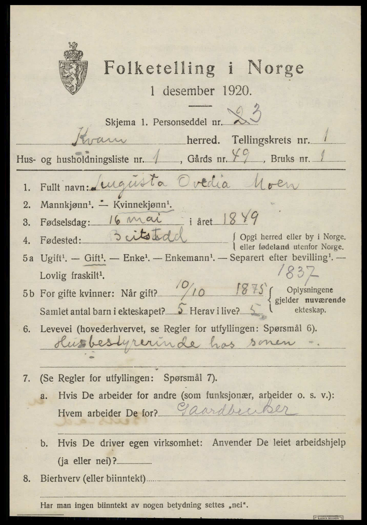 SAT, 1920 census for Kvam, 1920, p. 495