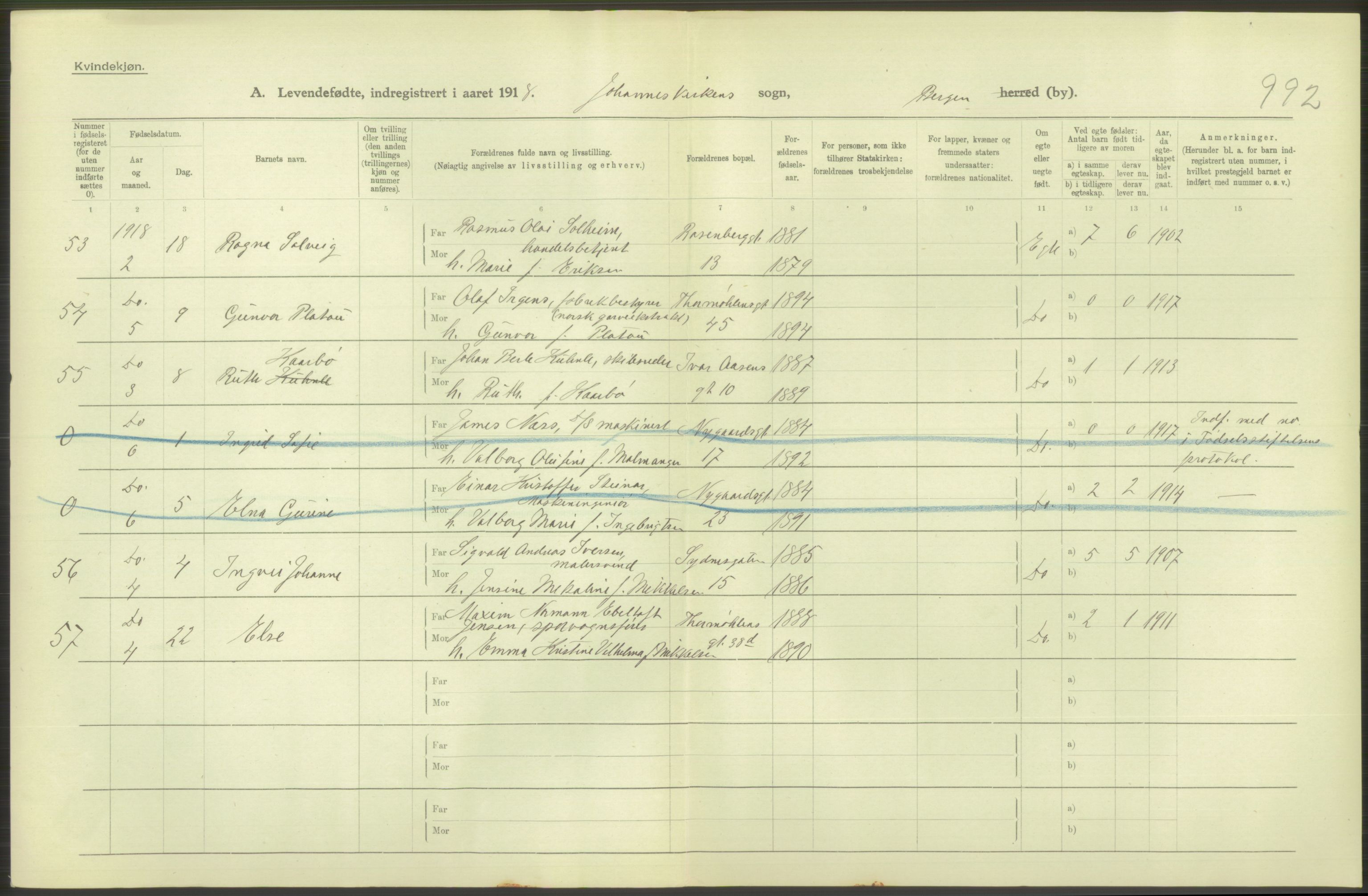 Statistisk sentralbyrå, Sosiodemografiske emner, Befolkning, AV/RA-S-2228/D/Df/Dfb/Dfbh/L0037: Bergen: Levendefødte menn og kvinner., 1918, p. 494