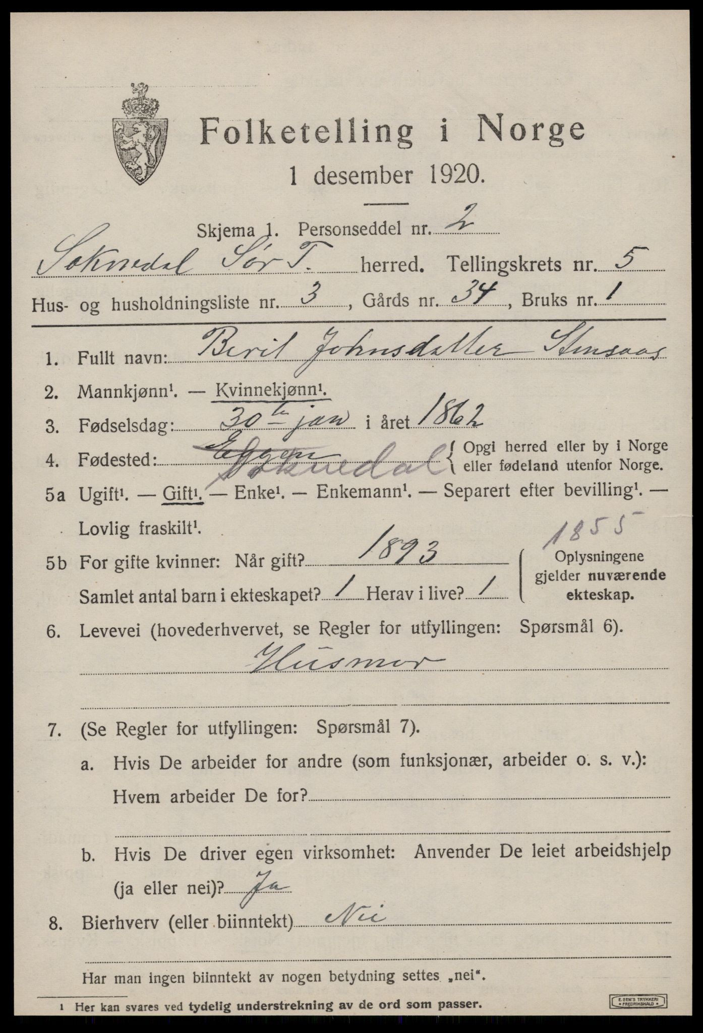 SAT, 1920 census for Soknedal, 1920, p. 2686