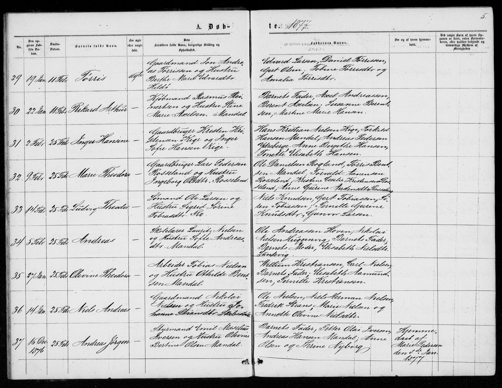 Mandal sokneprestkontor, SAK/1111-0030/F/Fb/Fba/L0010: Parish register (copy) no. B 4, 1876-1880, p. 5