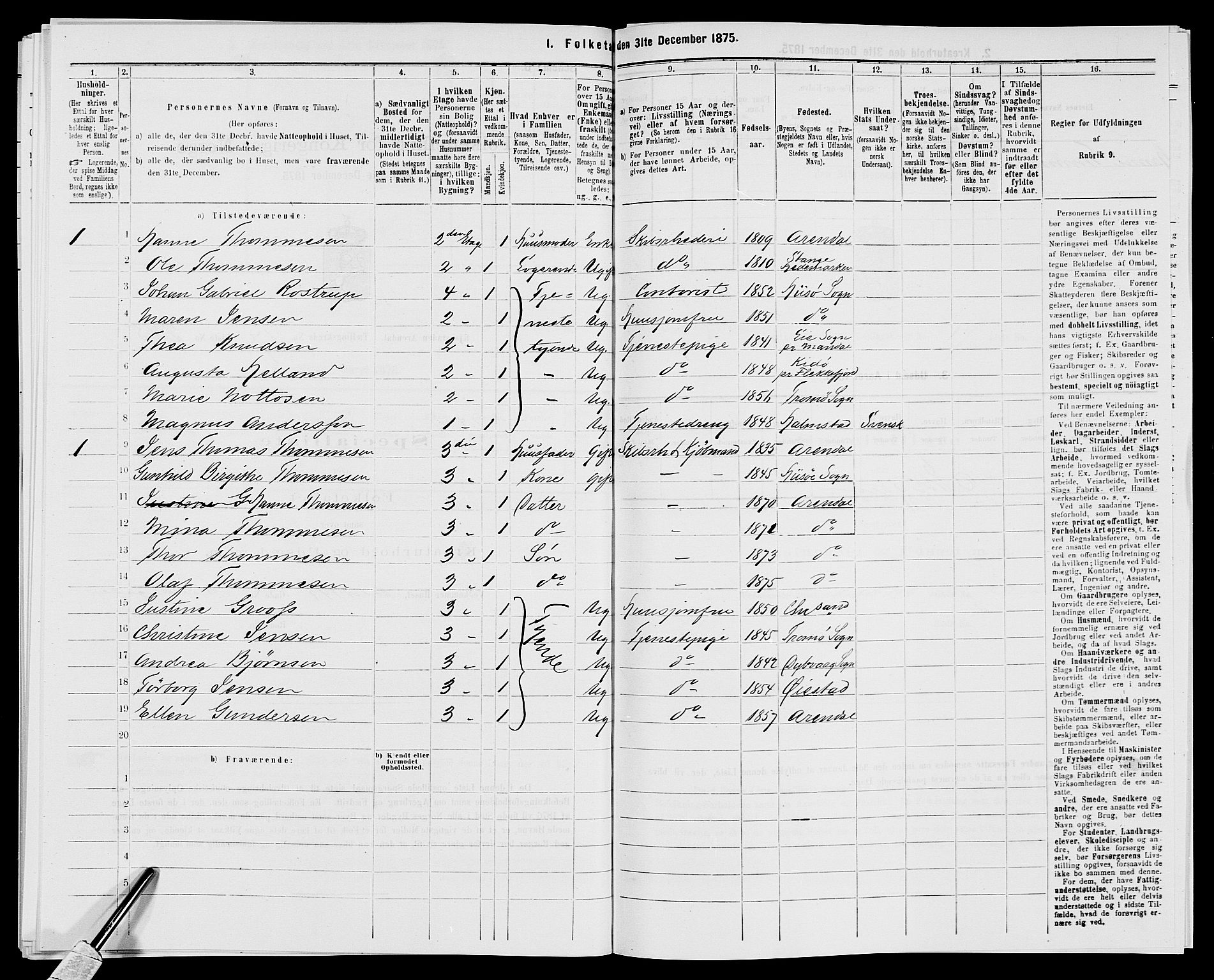 SAK, 1875 census for 0903P Arendal, 1875, p. 572