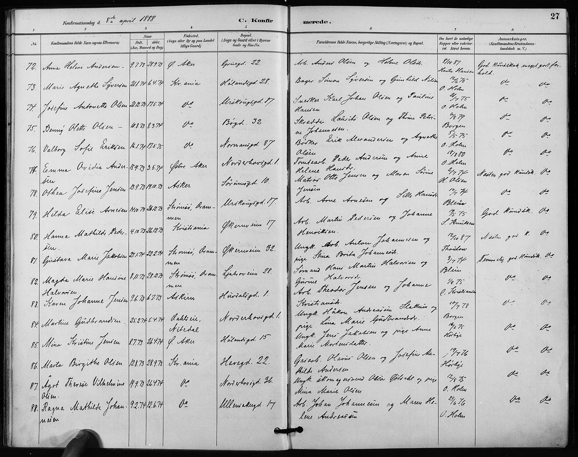 Kampen prestekontor Kirkebøker, SAO/A-10853/F/Fa/L0004: Parish register (official) no. I 4, 1885-1892, p. 27