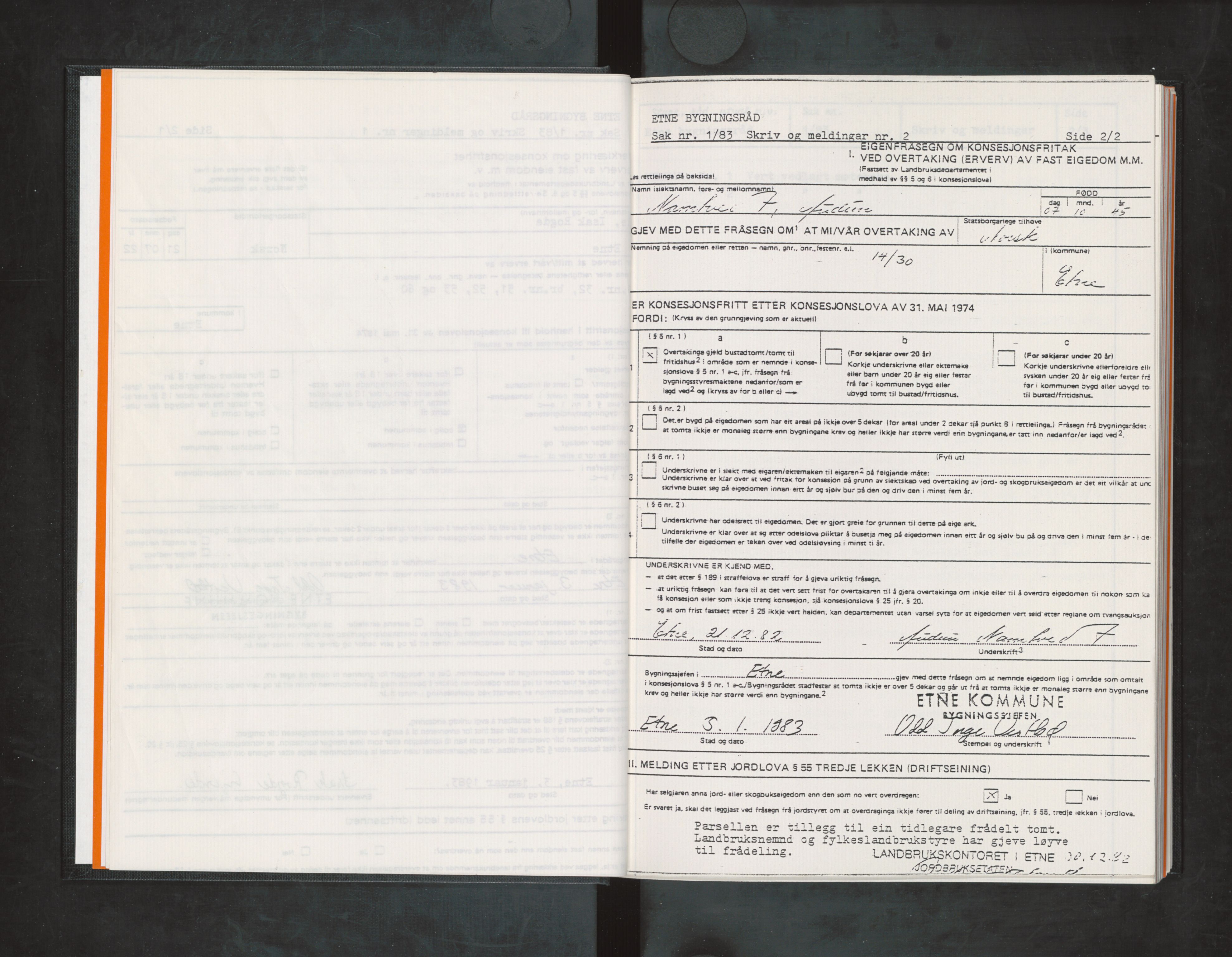Etne kommune. Bygningsrådet, IKAH/1211-511/A/Aa/L0026: Møtebok Etne bygningsråd Ia, 1983