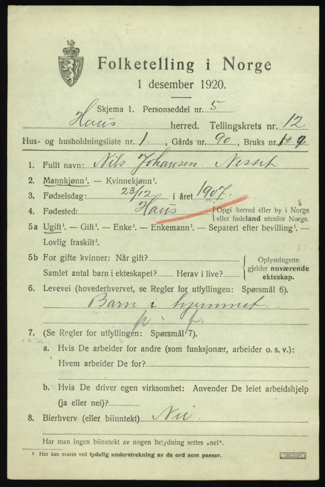 SAB, 1920 census for Haus, 1920, p. 7443