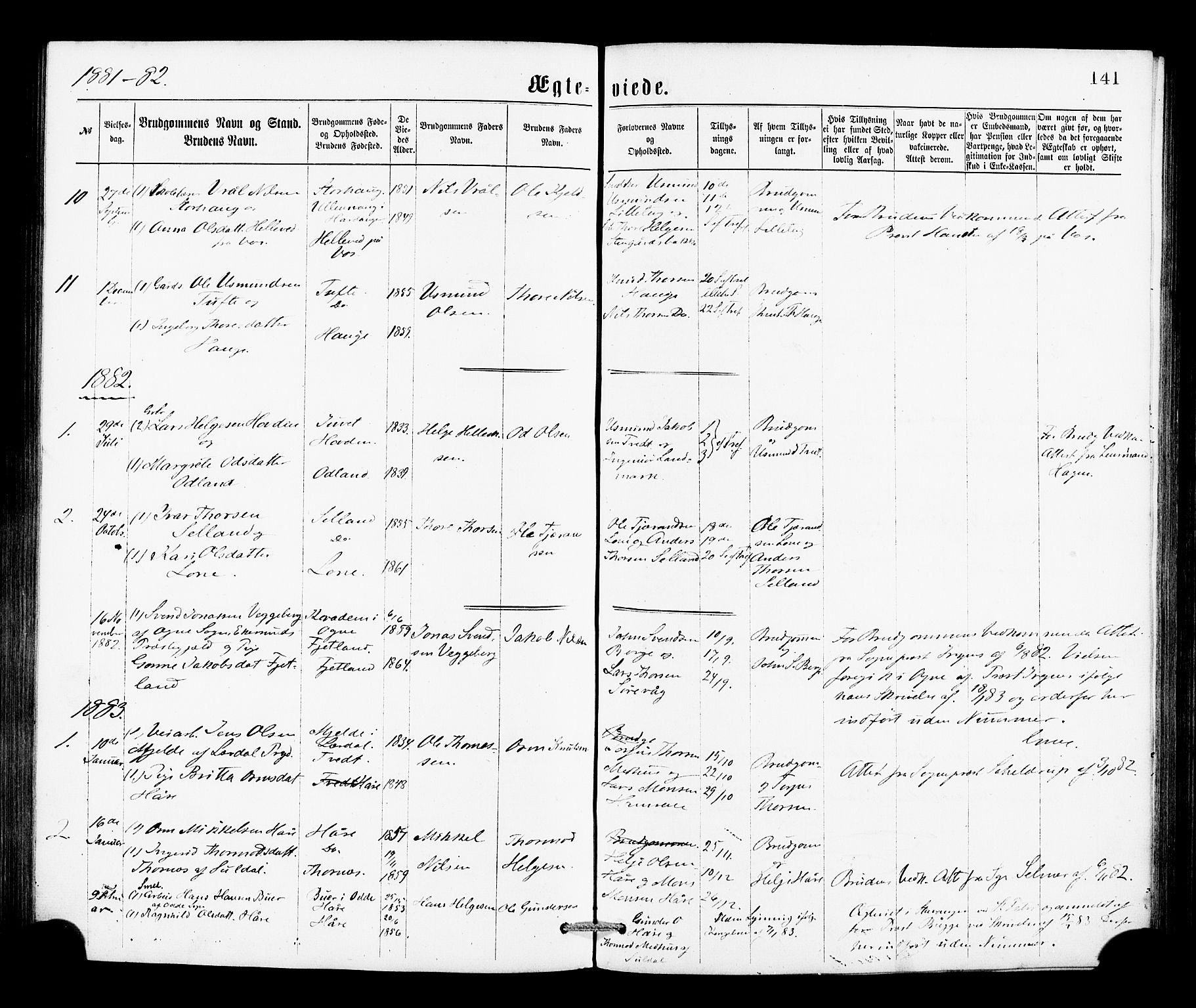 Røldal sokneprestembete, SAB/A-100247: Parish register (official) no. A 4, 1870-1886, p. 141