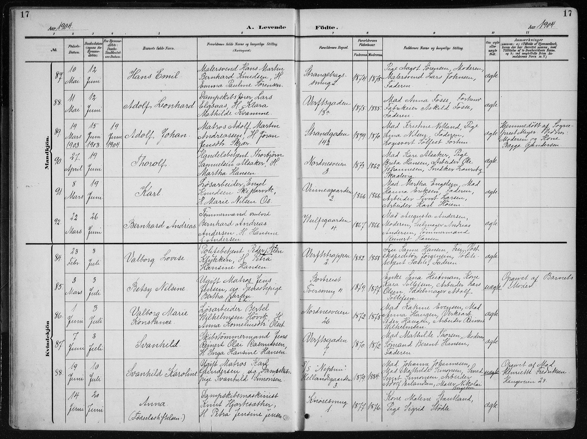 Nykirken Sokneprestembete, AV/SAB-A-77101/H/Haa/L0019: Parish register (official) no. B 7, 1904-1916, p. 17