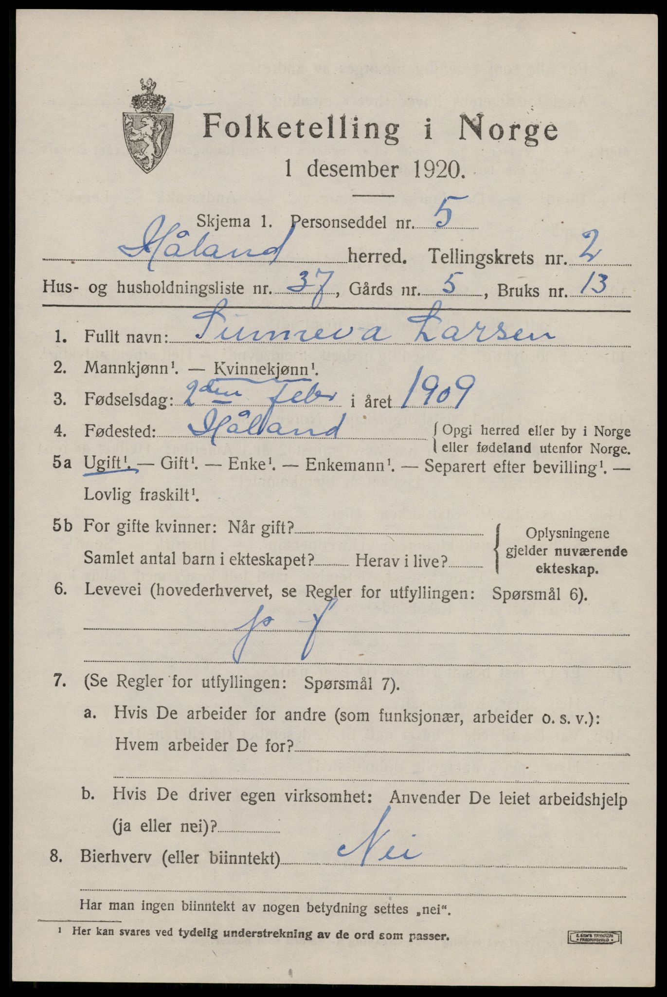 SAST, 1920 census for Håland, 1920, p. 3001