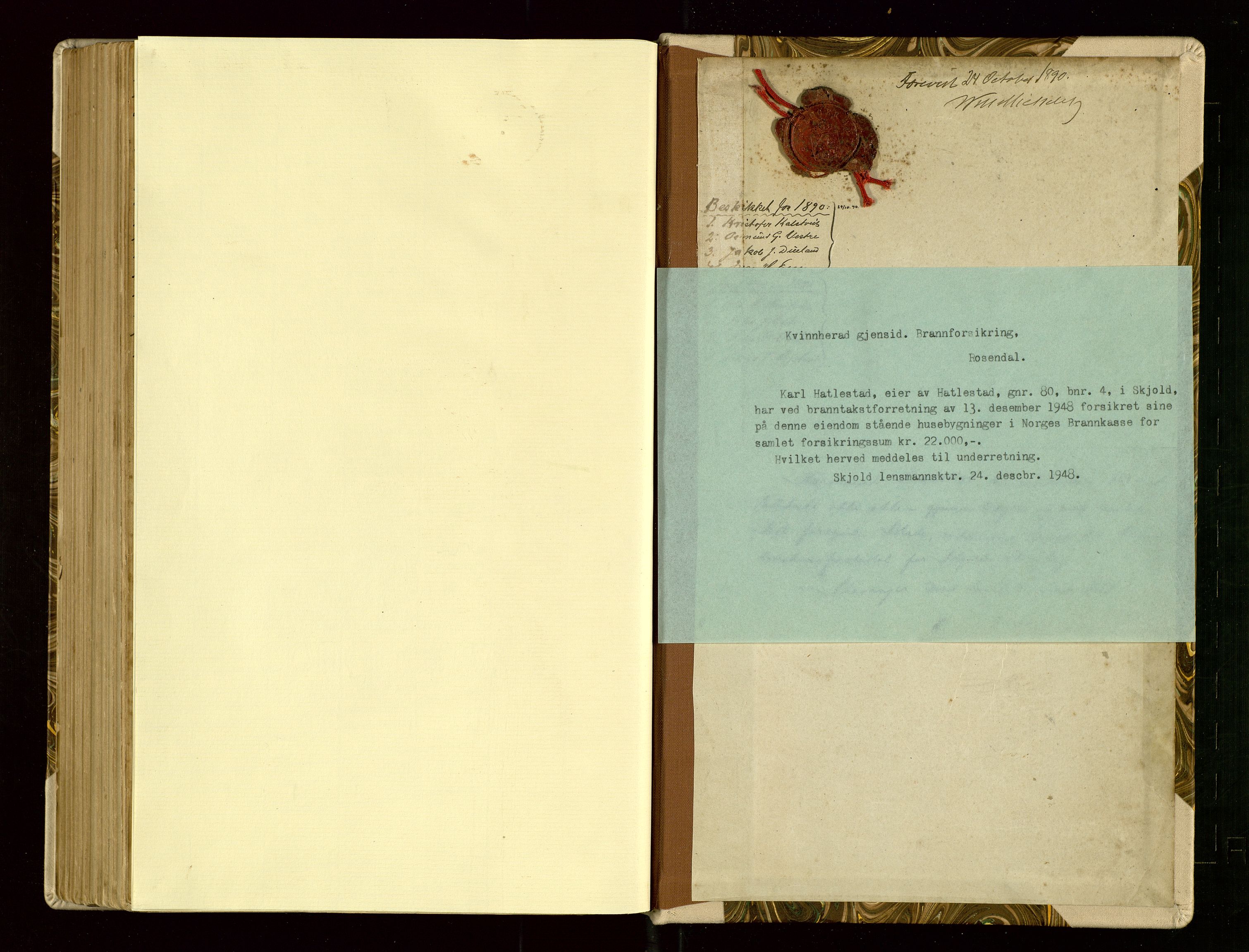Skjold lensmannskontor, SAST/A-100182/Goa/L0002: "Brandtaksasjons-Protokol for Skjolds Thinglag", 1890-1949