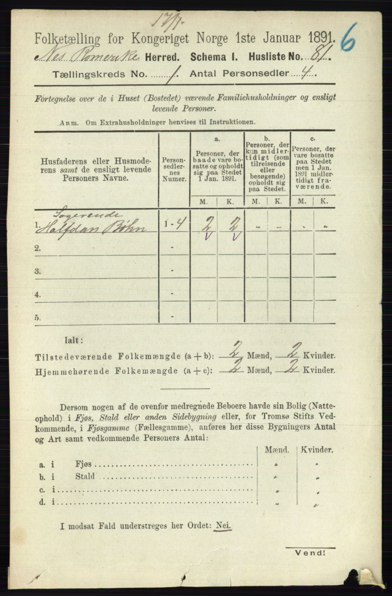 RA, 1891 census for 0236 Nes, 1891, p. 125