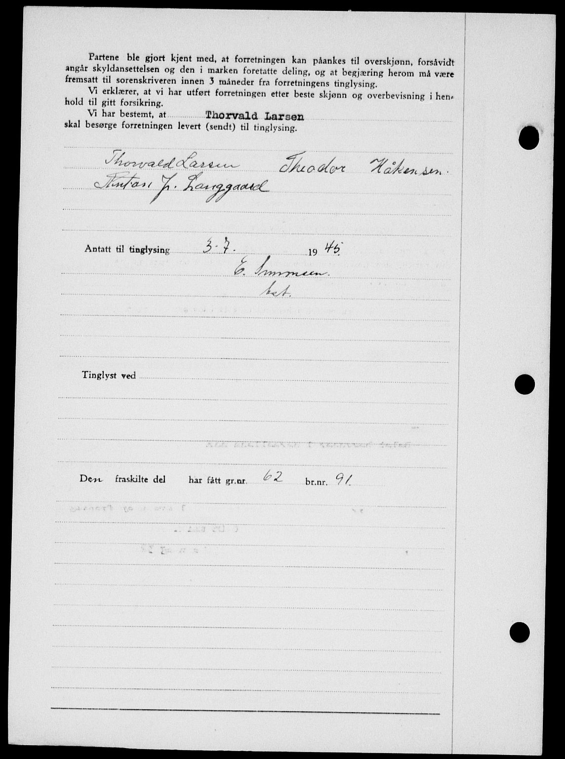 Onsøy sorenskriveri, SAO/A-10474/G/Ga/Gab/L0014: Mortgage book no. II A-14, 1944-1945, Diary no: : 1011/1945
