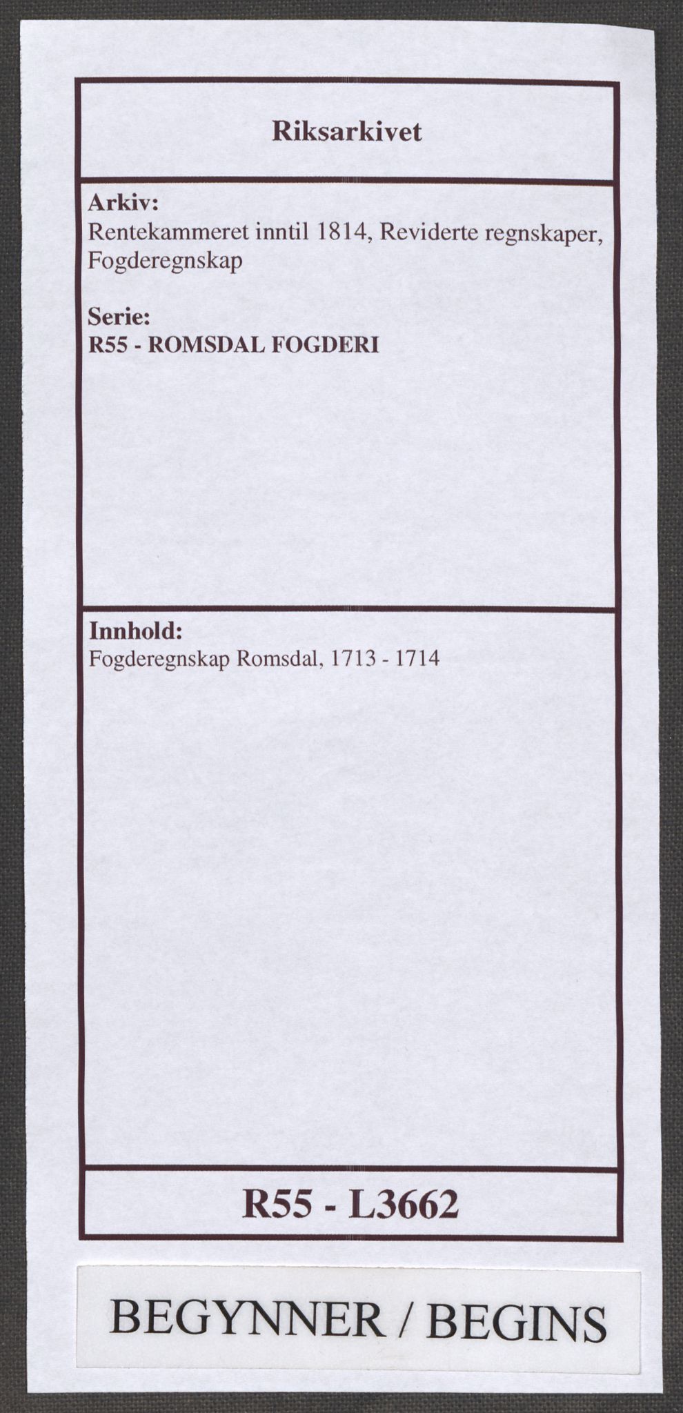 Rentekammeret inntil 1814, Reviderte regnskaper, Fogderegnskap, AV/RA-EA-4092/R55/L3662: Fogderegnskap Romsdal, 1713-1714, p. 1