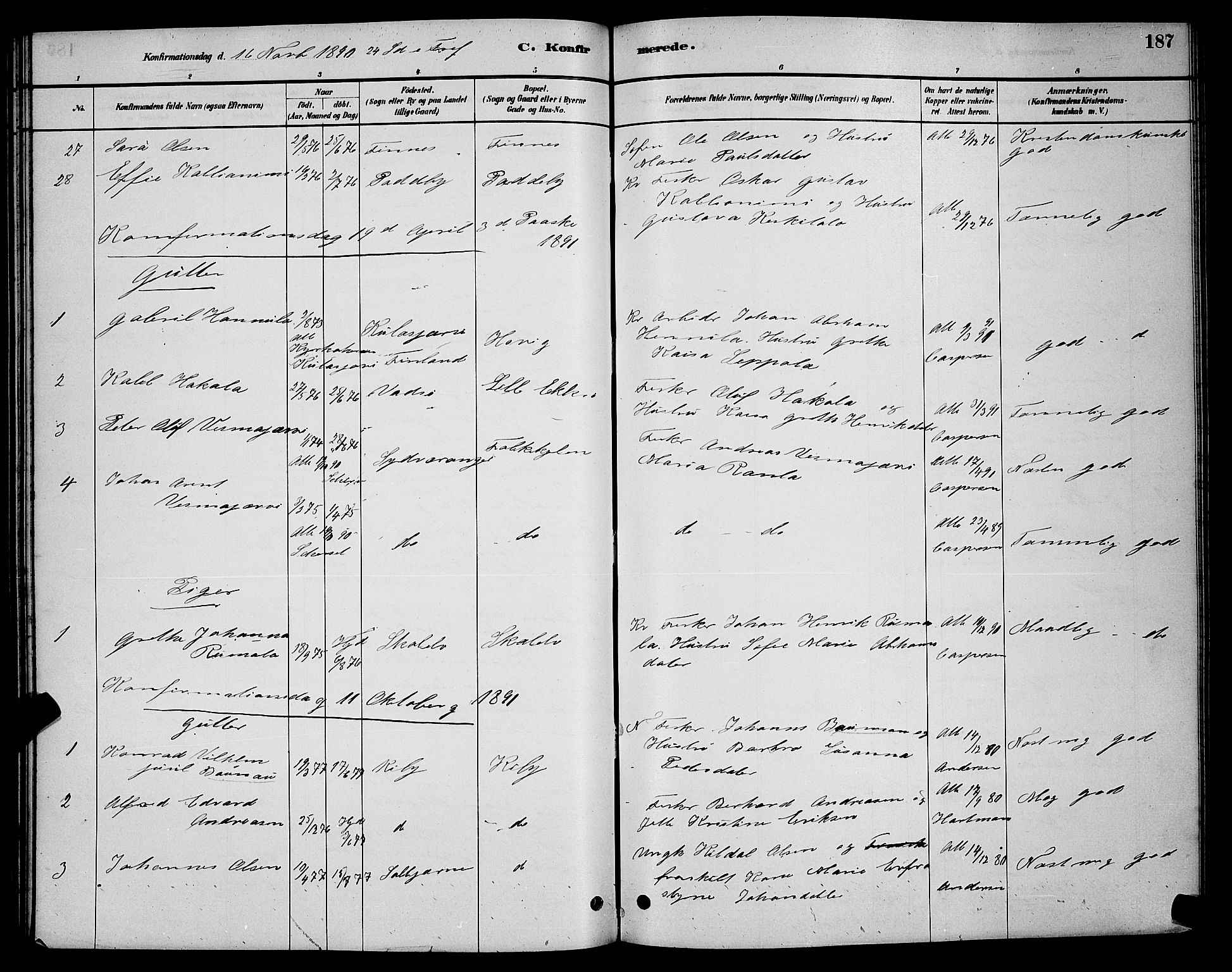 Vadsø sokneprestkontor, SATØ/S-1325/H/Hb/L0003klokker: Parish register (copy) no. 3, 1881-1901, p. 187