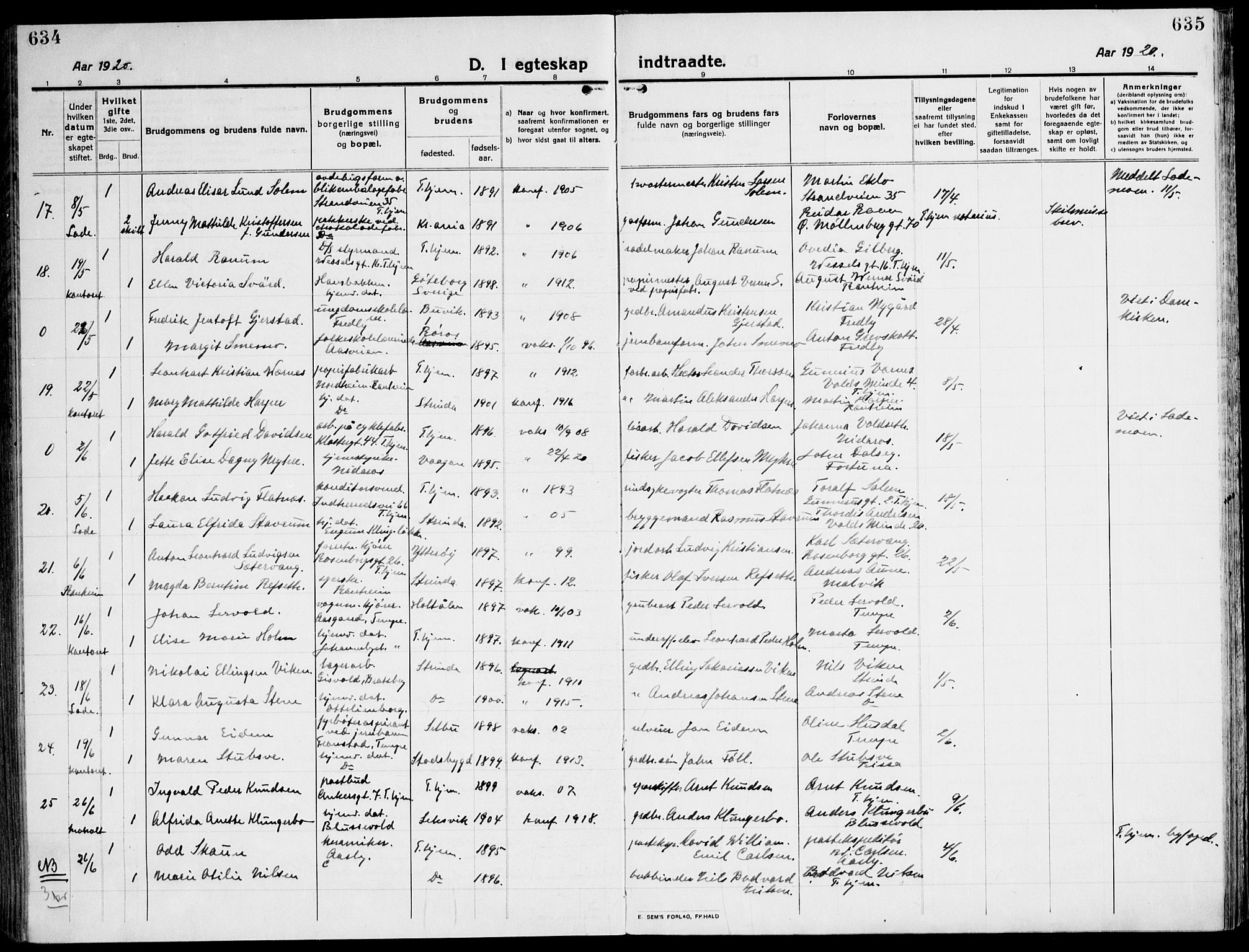 Ministerialprotokoller, klokkerbøker og fødselsregistre - Sør-Trøndelag, SAT/A-1456/607/L0321: Parish register (official) no. 607A05, 1916-1935, p. 634-635
