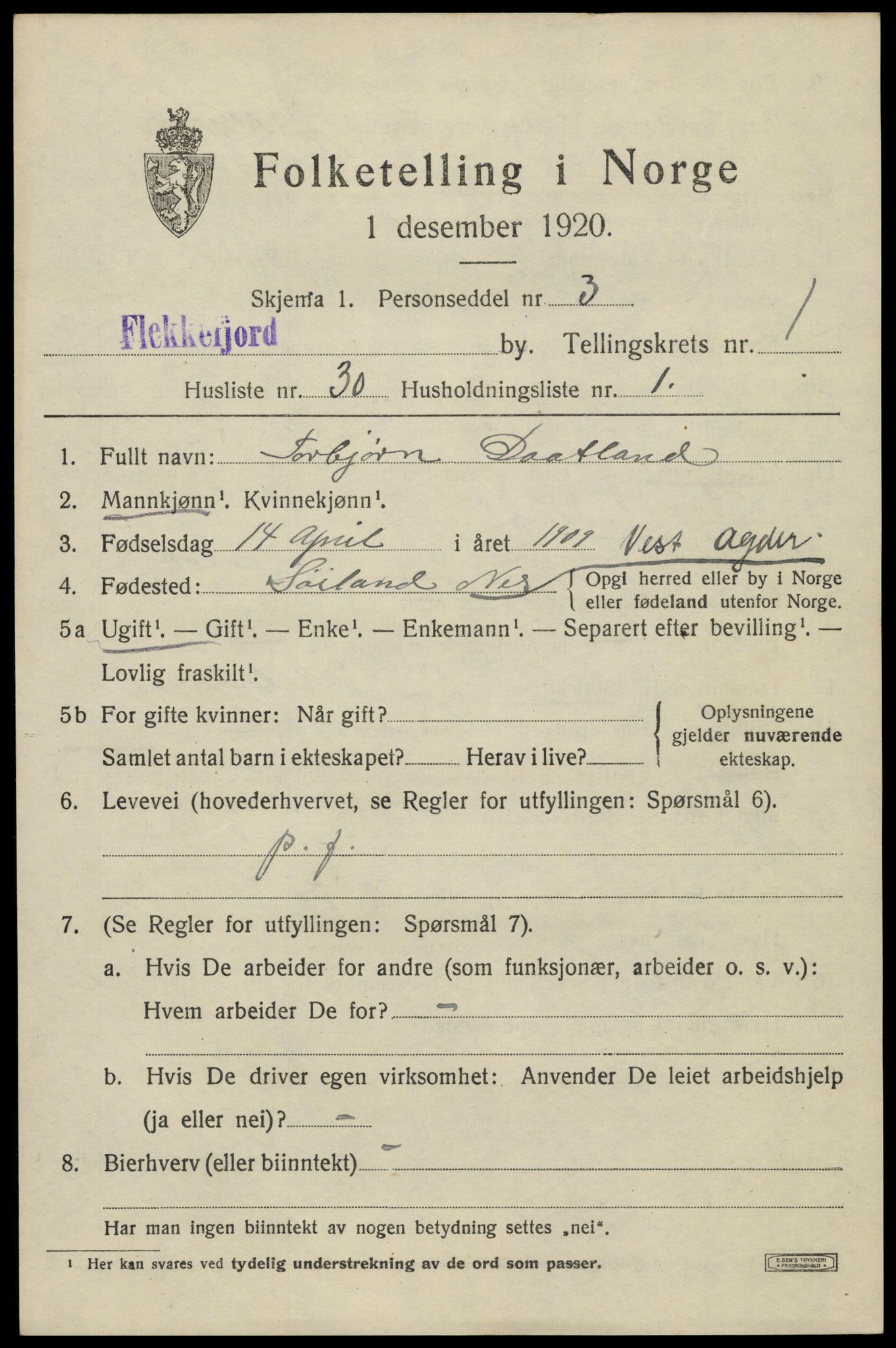 SAK, 1920 census for Flekkefjord, 1920, p. 2114