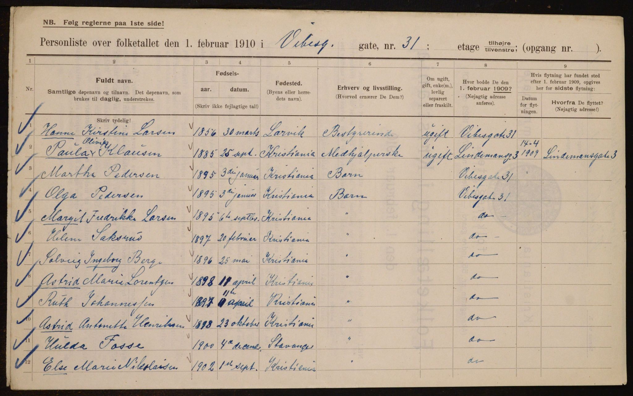 OBA, Municipal Census 1910 for Kristiania, 1910, p. 117083