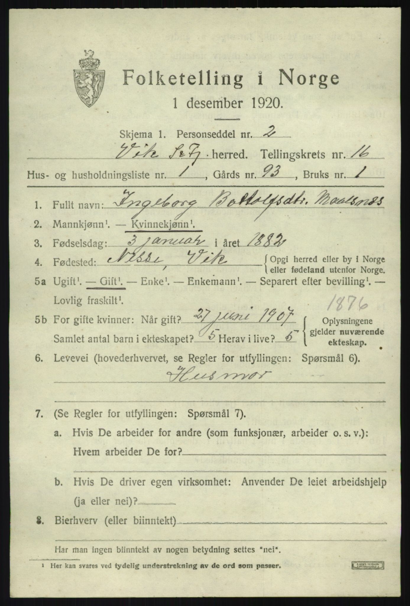 SAB, 1920 census for Vik, 1920, p. 8081