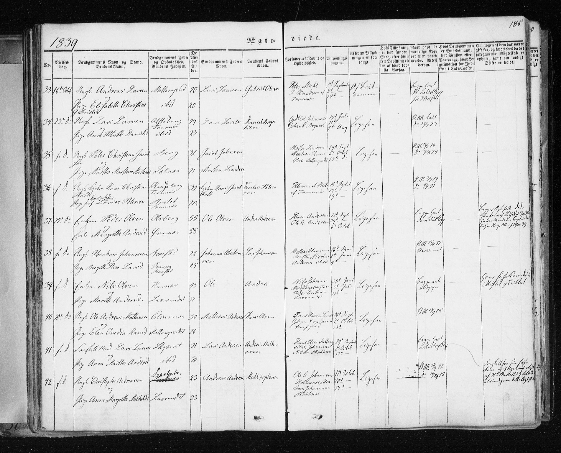 Tromsø sokneprestkontor/stiftsprosti/domprosti, SATØ/S-1343/G/Ga/L0009kirke: Parish register (official) no. 9, 1837-1847, p. 185