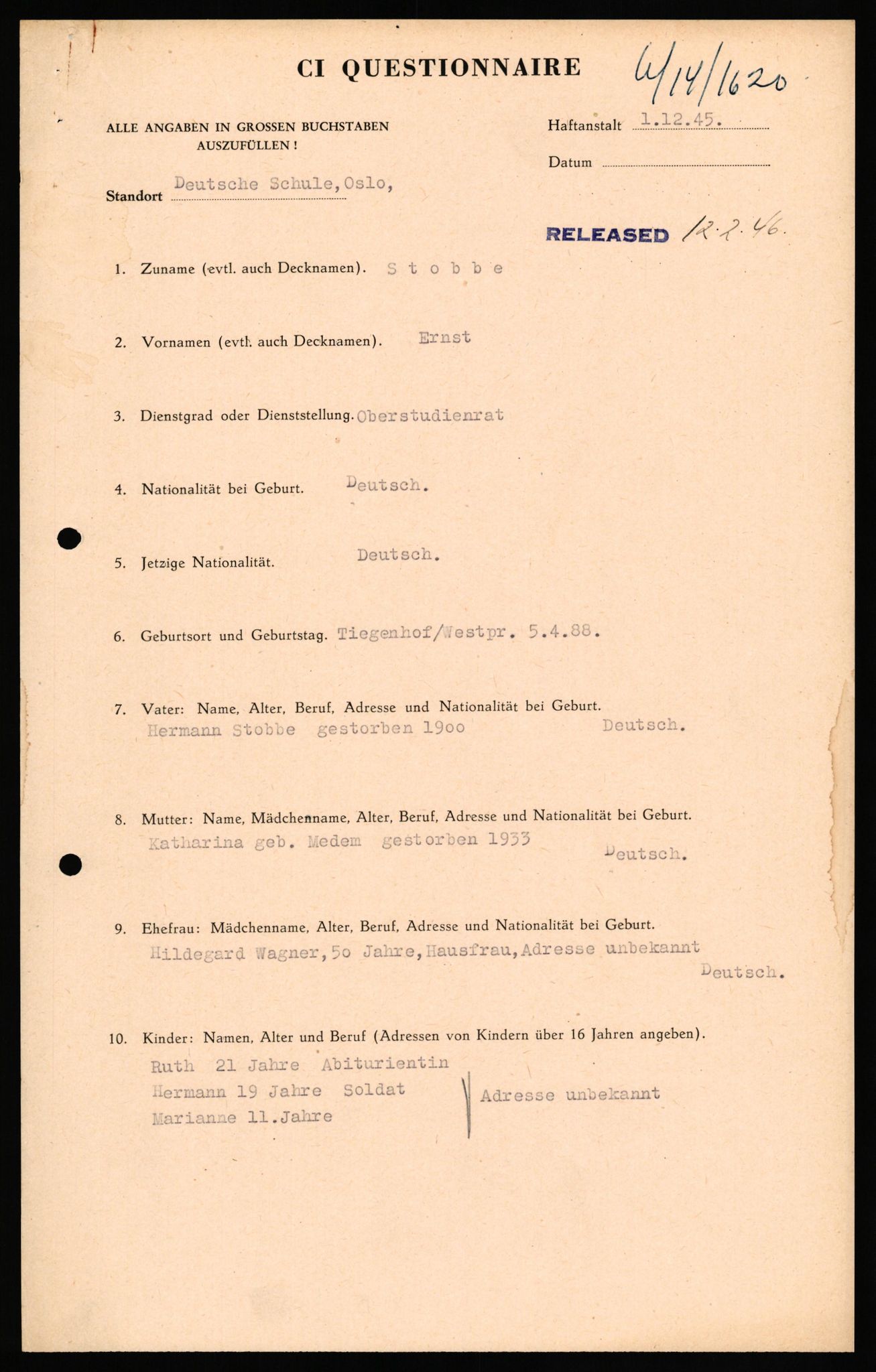 Forsvaret, Forsvarets overkommando II, AV/RA-RAFA-3915/D/Db/L0033: CI Questionaires. Tyske okkupasjonsstyrker i Norge. Tyskere., 1945-1946, p. 88