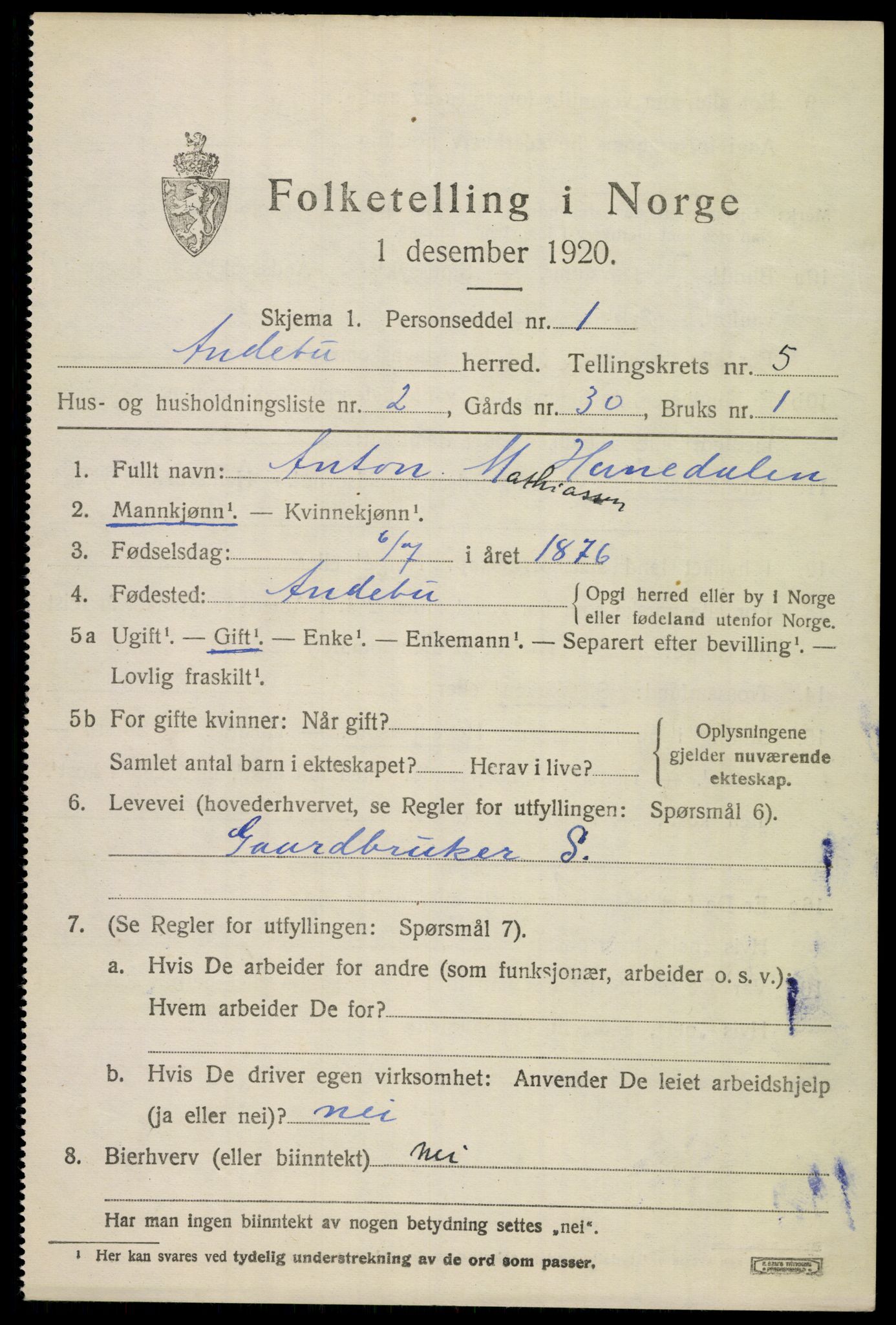 SAKO, 1920 census for Andebu, 1920, p. 2650