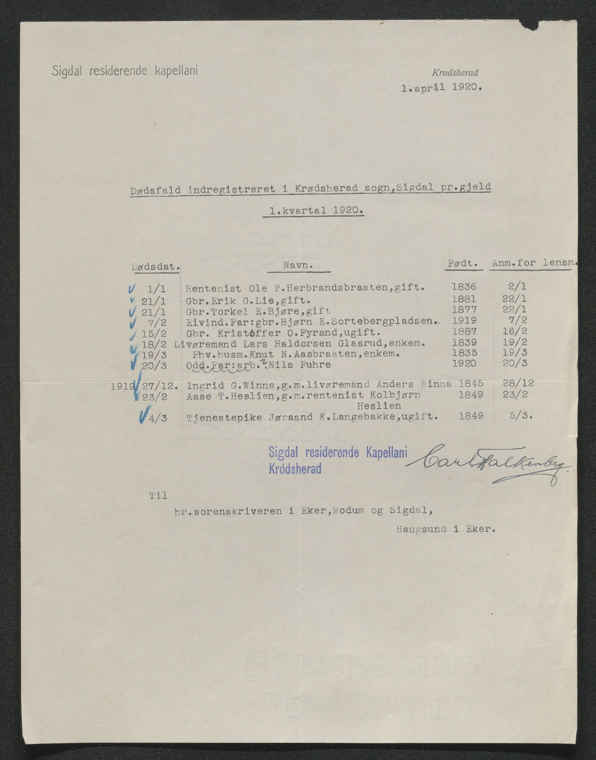 Eiker, Modum og Sigdal sorenskriveri, AV/SAKO-A-123/H/Ha/Hab/L0040: Dødsfallsmeldinger, 1920-1921, p. 265