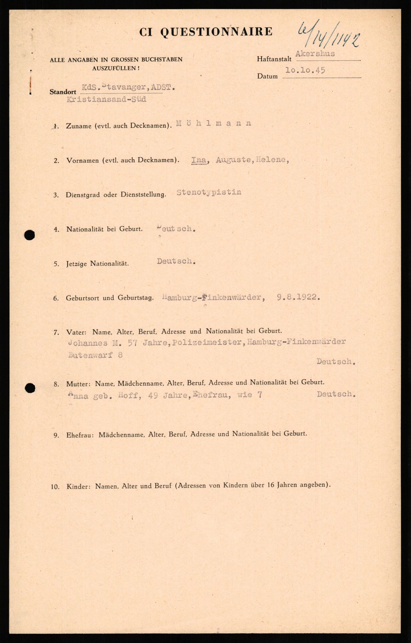 Forsvaret, Forsvarets overkommando II, RA/RAFA-3915/D/Db/L0023: CI Questionaires. Tyske okkupasjonsstyrker i Norge. Tyskere., 1945-1946, p. 340