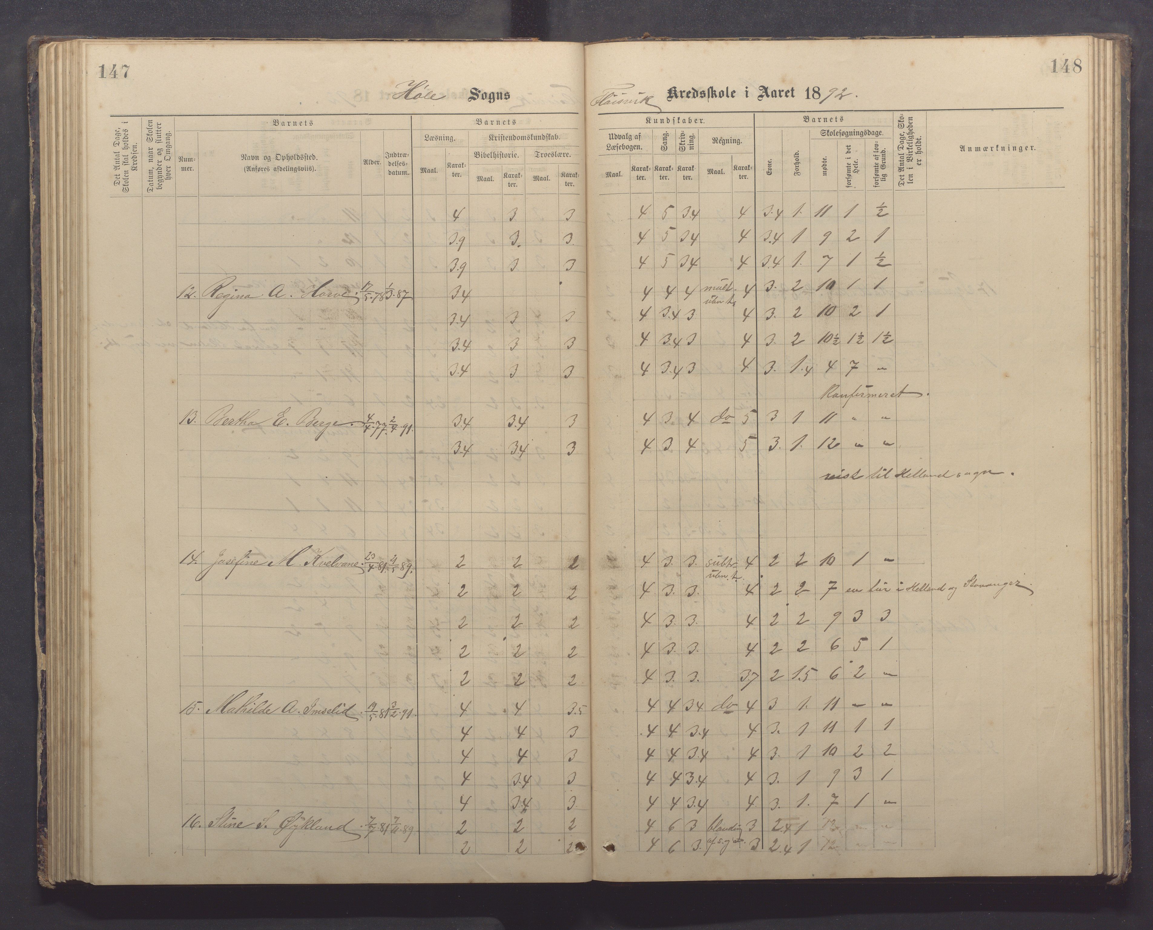 Høle kommune - Tengesdal skole, IKAR/K-100033/F/L0001: Skoleprotokoll, 1884-1893, p. 147-148