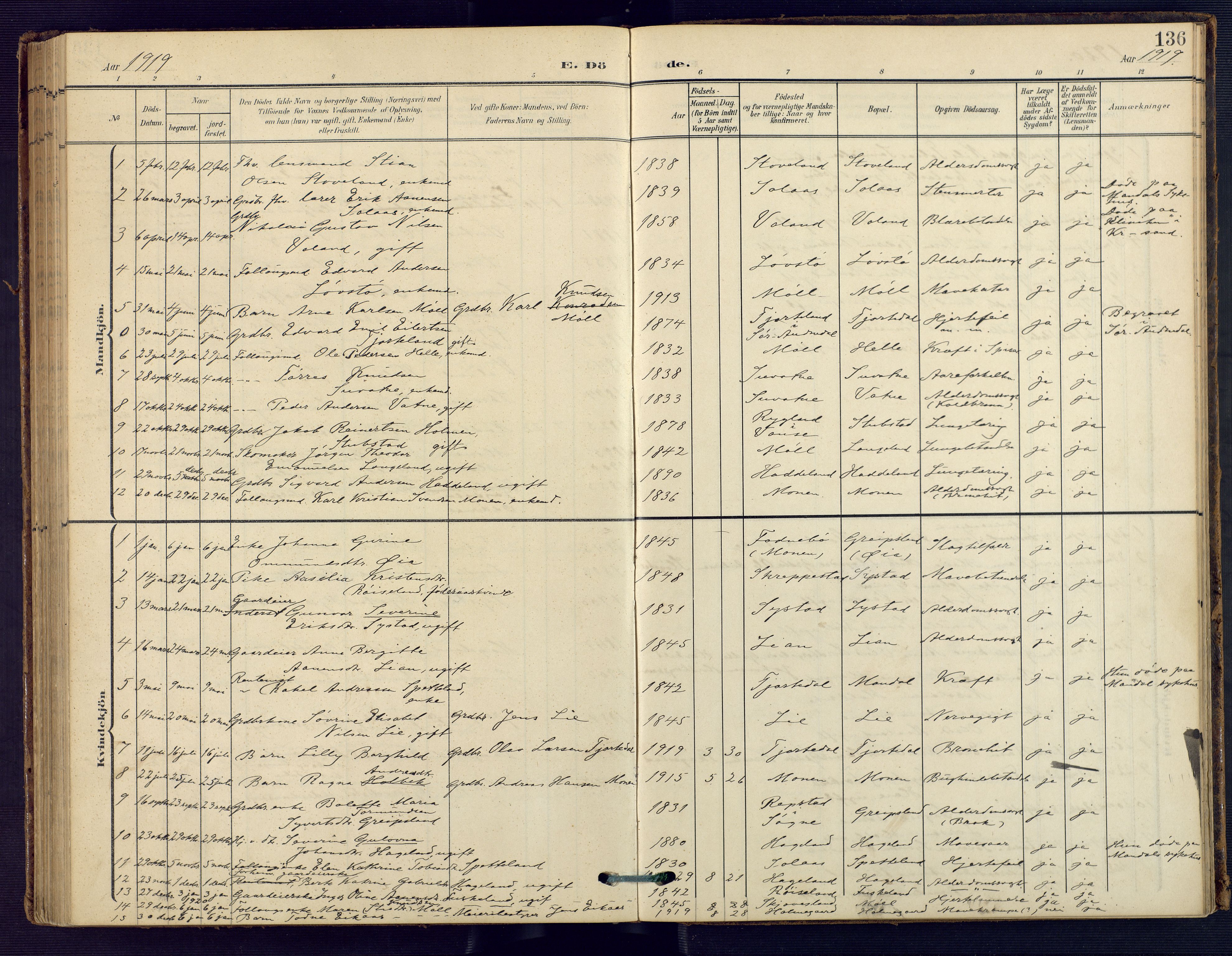 Holum sokneprestkontor, SAK/1111-0022/F/Fa/Faa/L0008: Parish register (official) no. A 8, 1908-1929, p. 136