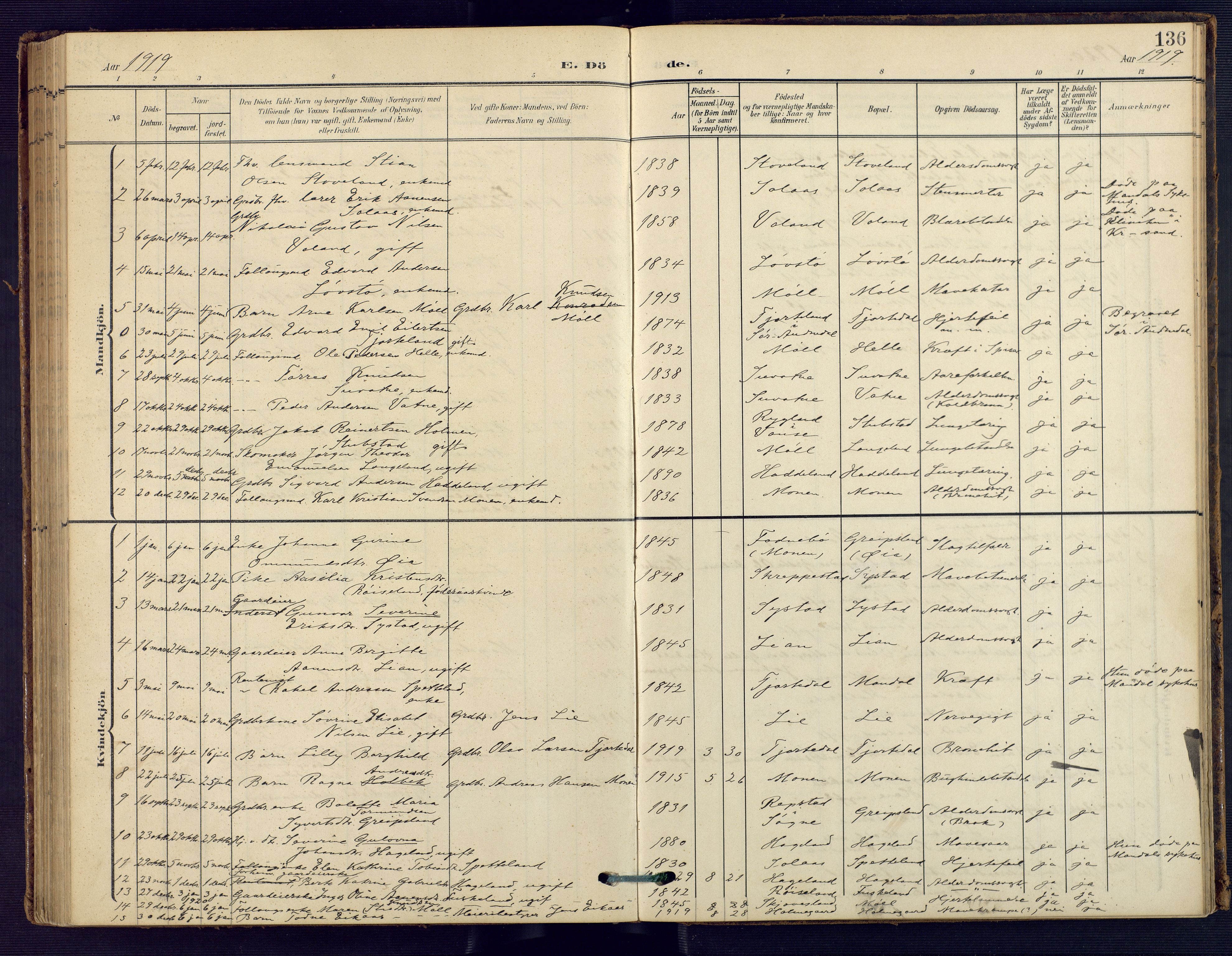 Holum sokneprestkontor, AV/SAK-1111-0022/F/Fa/Faa/L0008: Parish register (official) no. A 8, 1908-1929, p. 136